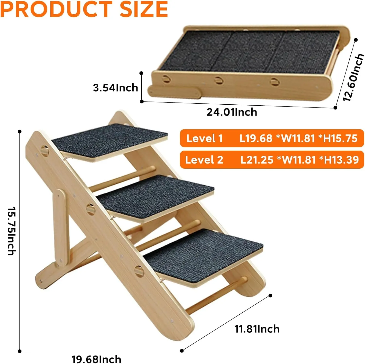 2-Level Convertible Foldable Pet Ramp & Stairs for Couch & Bed (Indoor Use), Wood Pet Steps for Small Dogs & Cats up to 11lbs, Non-Slip Carpet Surface, Portable Design (Assembly Required)