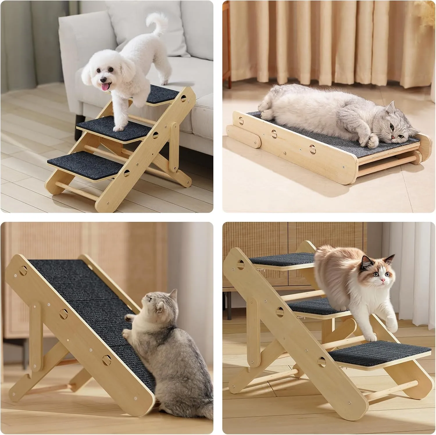 2-Level Convertible Foldable Pet Ramp & Stairs for Couch & Bed (Indoor Use), Wood Pet Steps for Small Dogs & Cats up to 11lbs, Non-Slip Carpet Surface, Portable Design (Assembly Required)