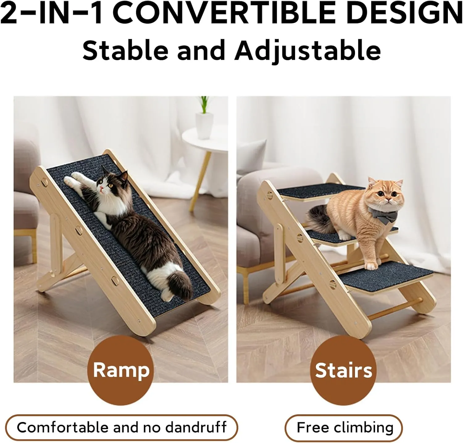 2-Level Convertible Foldable Pet Ramp & Stairs for Couch & Bed (Indoor Use), Wood Pet Steps for Small Dogs & Cats up to 11lbs, Non-Slip Carpet Surface, Portable Design (Assembly Required)