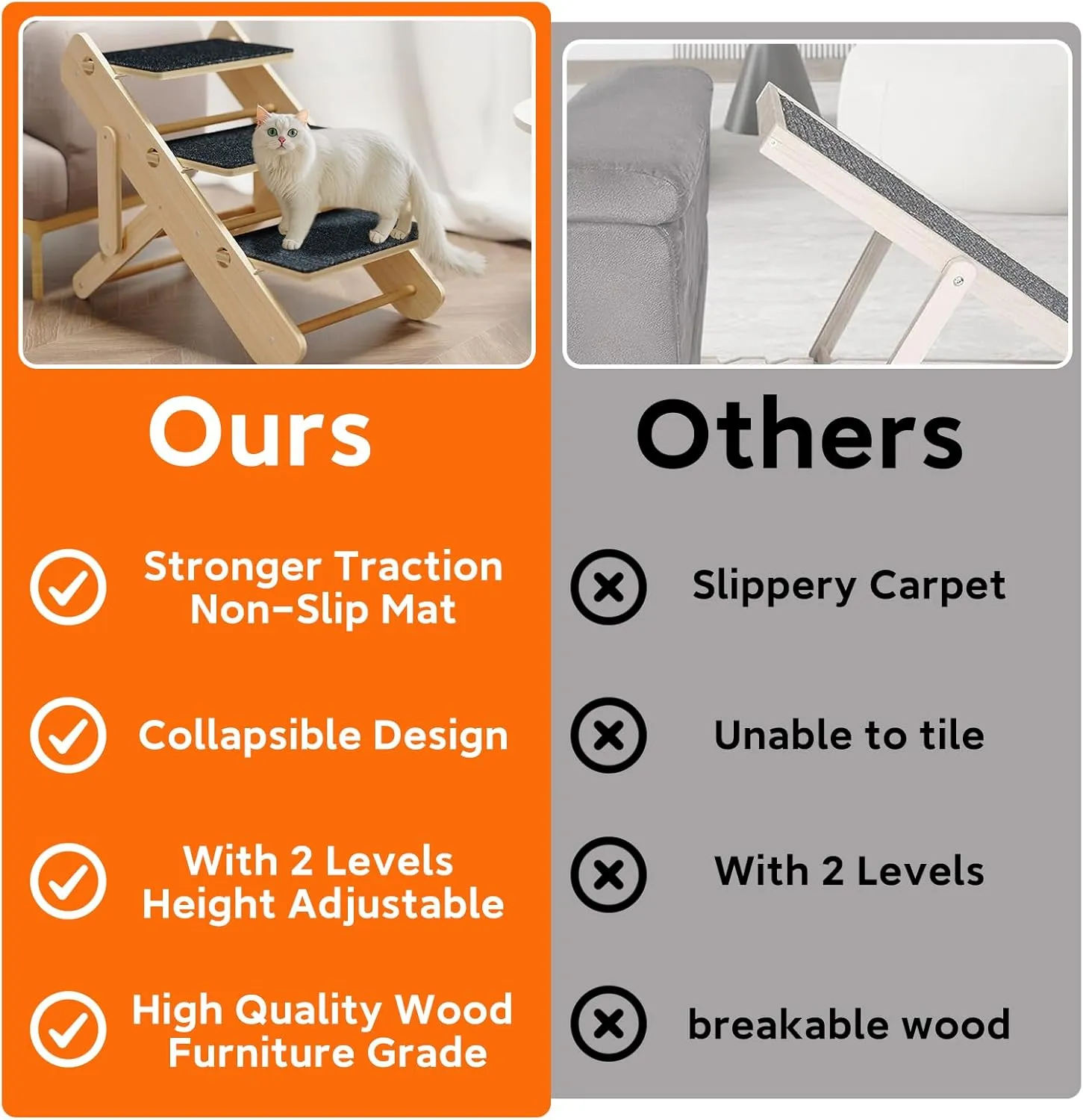 2-Level Convertible Foldable Pet Ramp & Stairs for Couch & Bed (Indoor Use), Wood Pet Steps for Small Dogs & Cats up to 11lbs, Non-Slip Carpet Surface, Portable Design (Assembly Required)