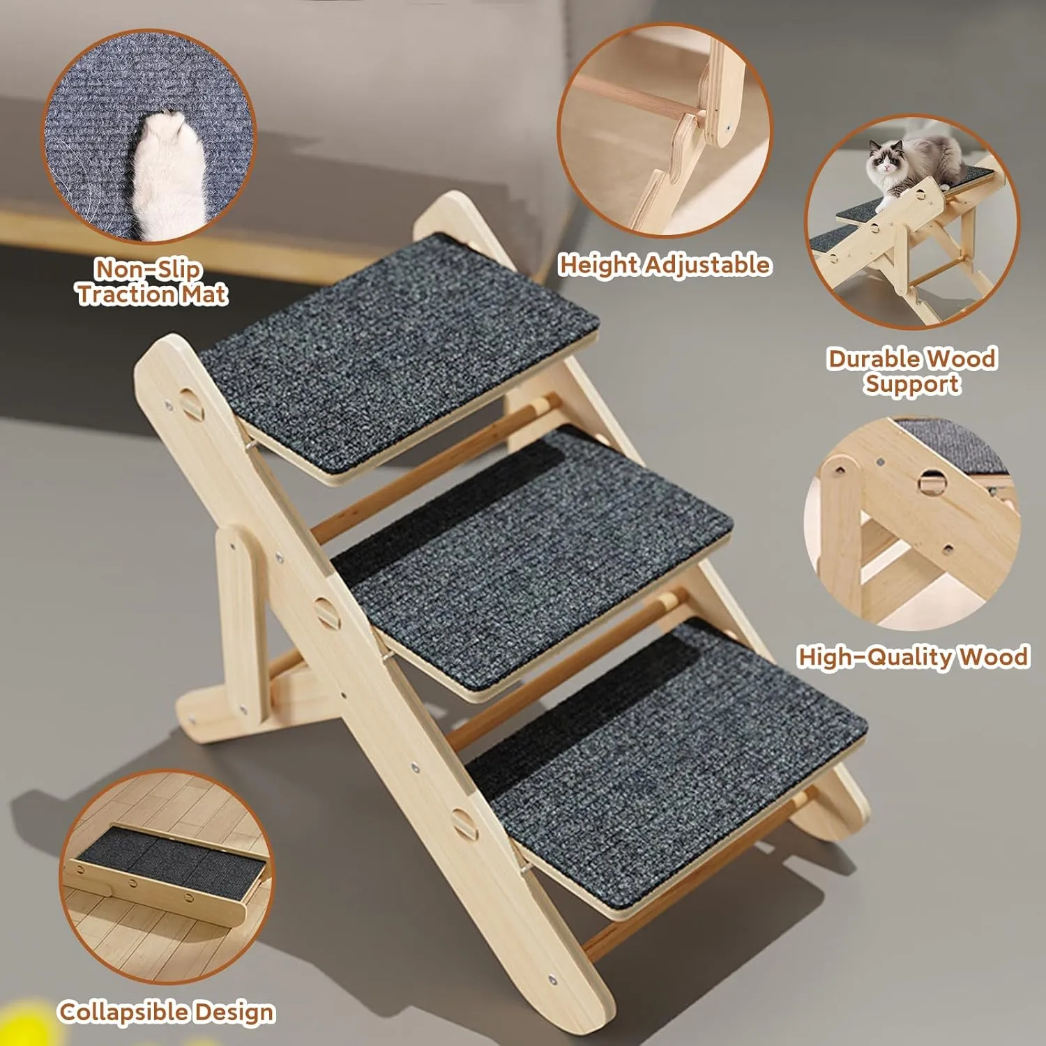 2-Level Convertible Foldable Pet Ramp & Stairs for Couch & Bed (Indoor Use), Wood Pet Steps for Small Dogs & Cats up to 11lbs, Non-Slip Carpet Surface, Portable Design (Assembly Required)