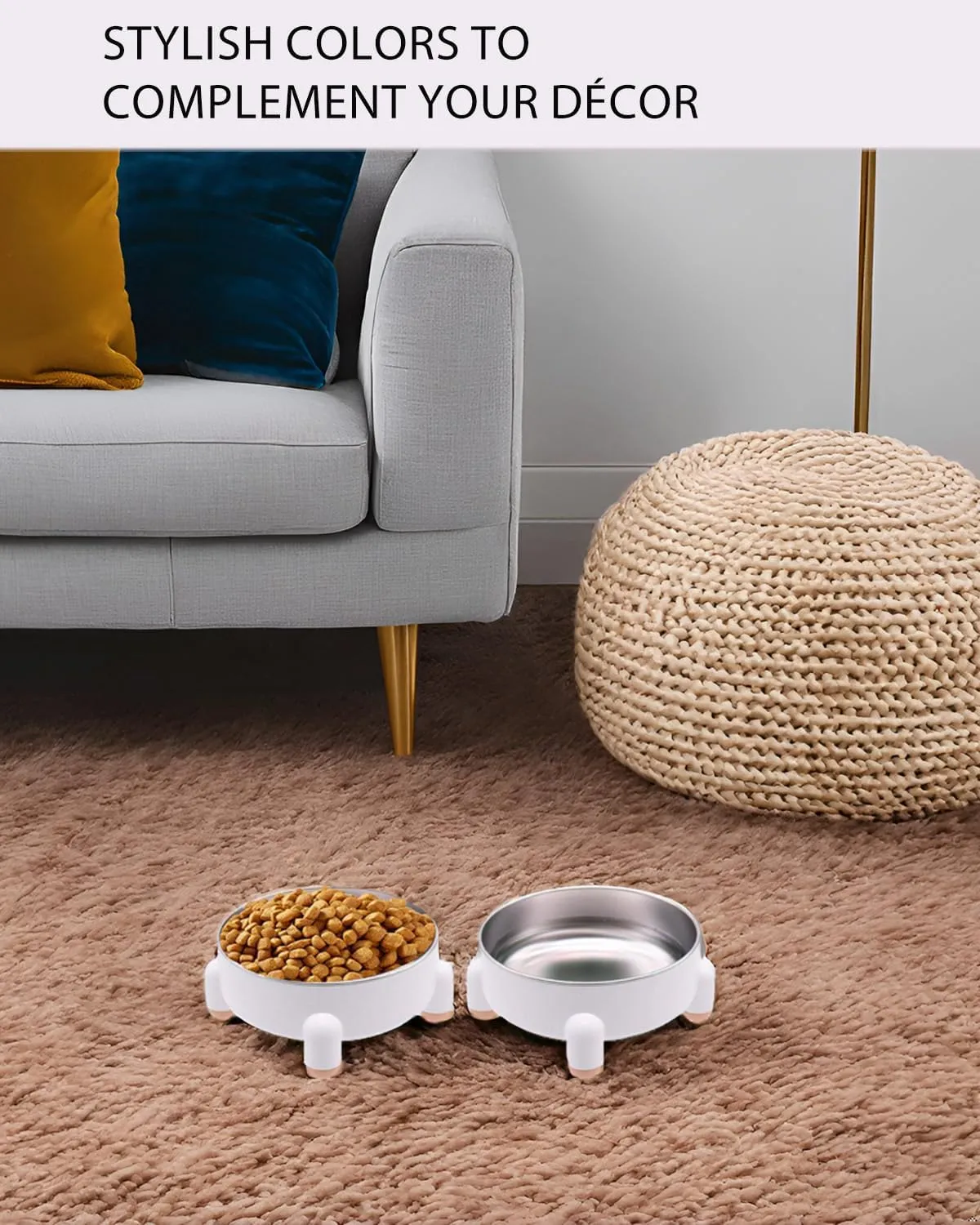 2-Pack Elevated Stainless Steel Cat Bowls - Non-Slip, Raised Metal Pet Bowls for Cats & Small Dogs, Whisker-Friendly, Dishwasher Safe, Holds 3 Cups (24 oz Each), White, Modern Nordic Design