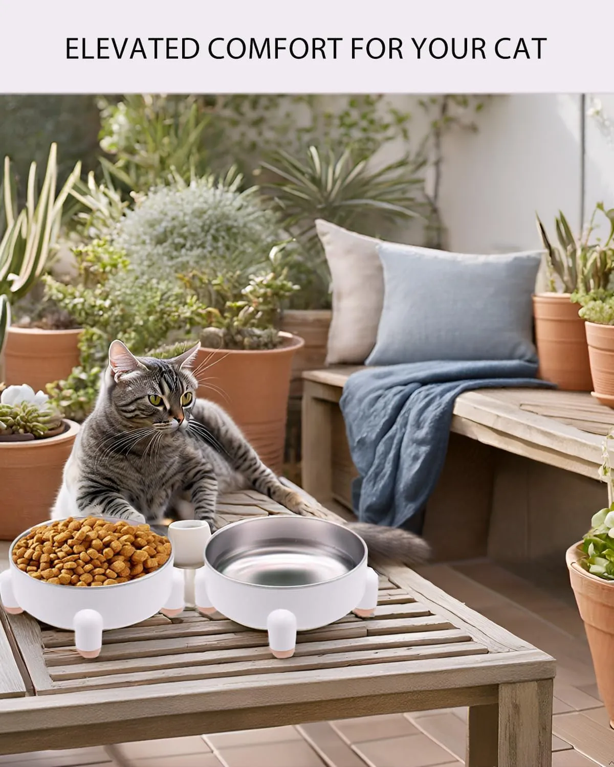 2-Pack Elevated Stainless Steel Cat Bowls - Non-Slip, Raised Metal Pet Bowls for Cats & Small Dogs, Whisker-Friendly, Dishwasher Safe, Holds 3 Cups (24 oz Each), White, Modern Nordic Design