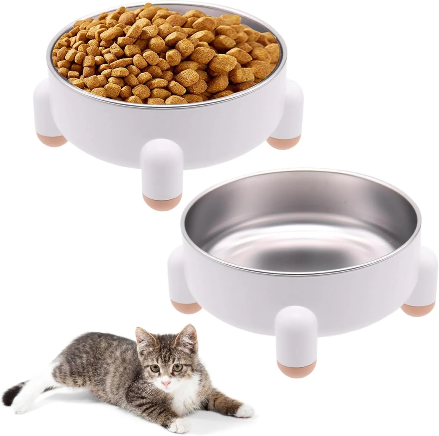2-Pack Elevated Stainless Steel Cat Bowls - Non-Slip, Raised Metal Pet Bowls for Cats & Small Dogs, Whisker-Friendly, Dishwasher Safe, Holds 3 Cups (24 oz Each), White, Modern Nordic Design
