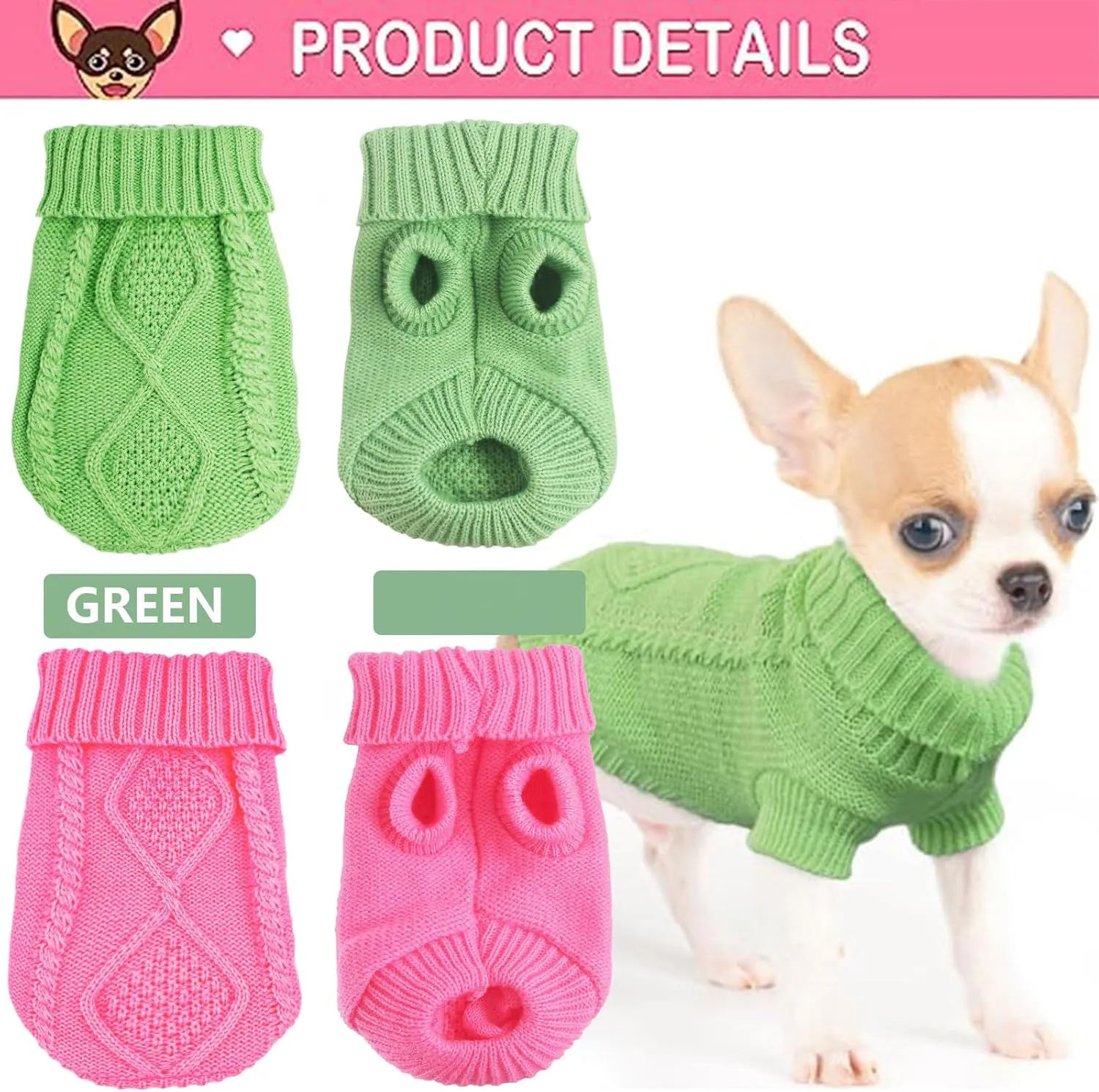 2 Pieces Chihuahua Clothes Dog Sweaters for Small Dogs Cute Puppy Cat Clothes Turtleneck Thick Warm Coat for Yorkie Cat Extra Small Dog Clothing (XX-Smal)