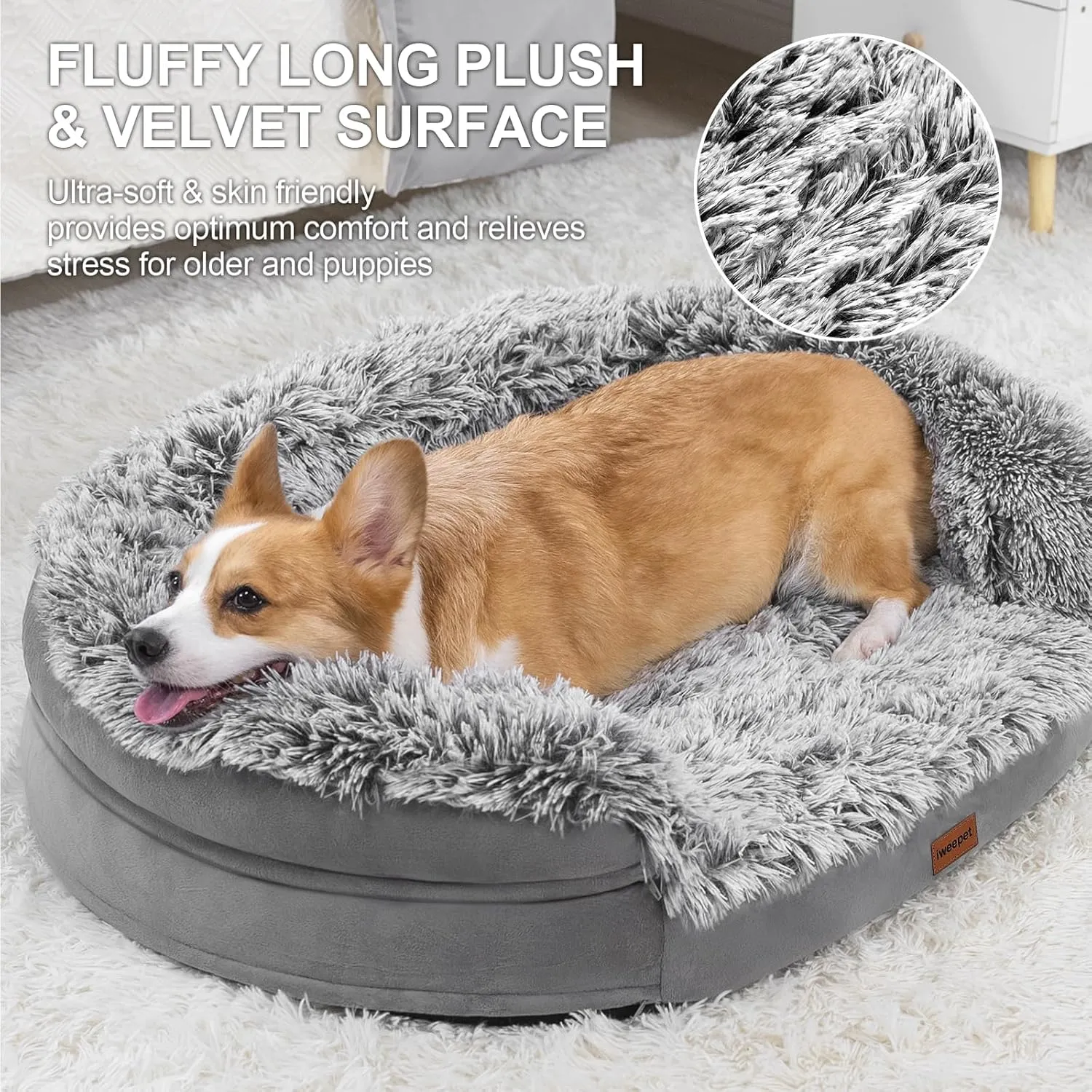3.7 inch Thickened Orthopedic Dog Beds for Medium Dogs, Supportive Dog Sofa Bed with 28D Egg-Crate Foam, Removable Washable Plush Cover, Waterproof Lining, Half-Round Design for Puppy,Senior Dog