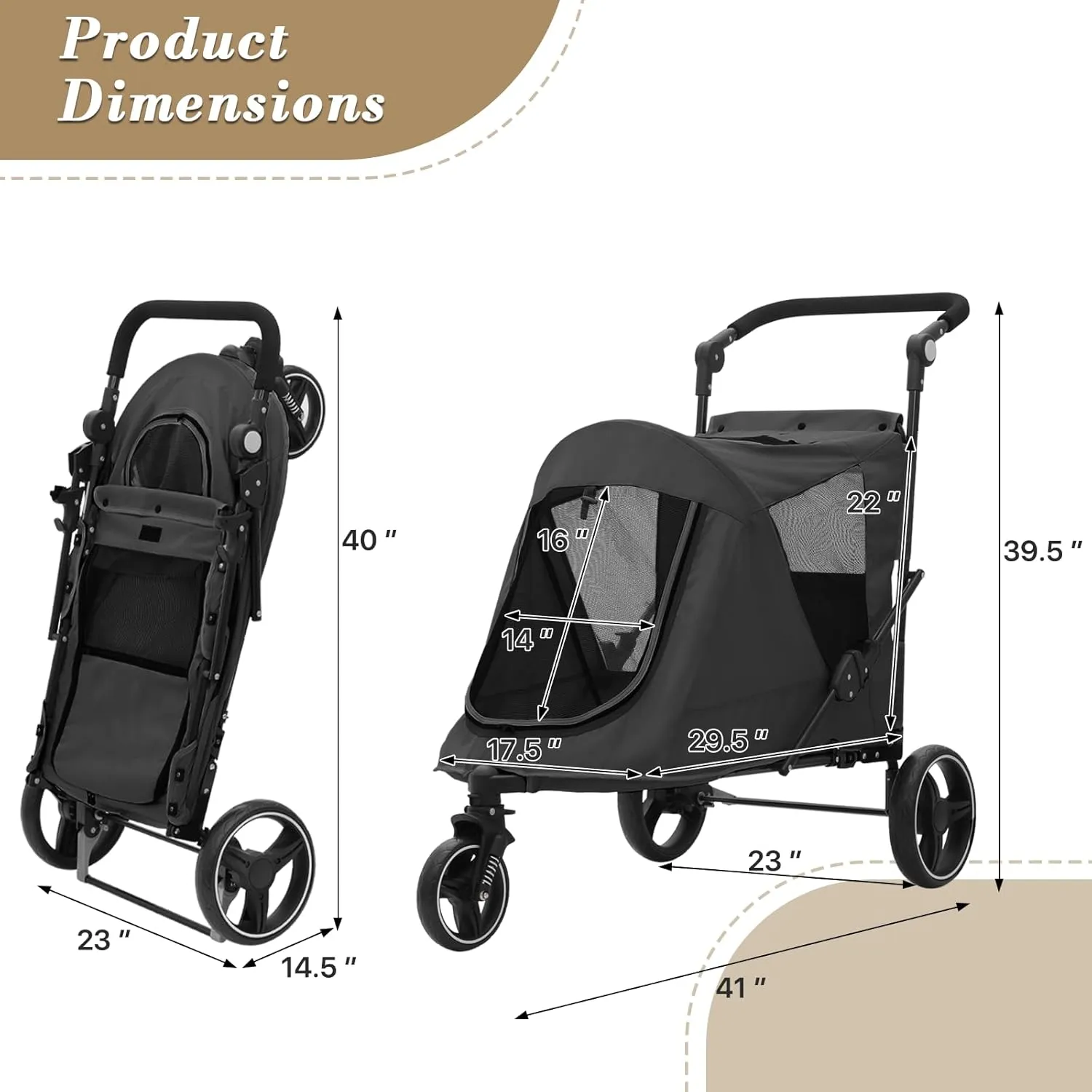 Athena Collection 3 Wheels Pet Stroller Fabric Dog Cart Dog Stroller for Large Dogs 55 Lbs Pet Stroller with Mesh Windows, Zipper Back Pocket, Safety Tether, Angle Adjustable Handlebar, Black