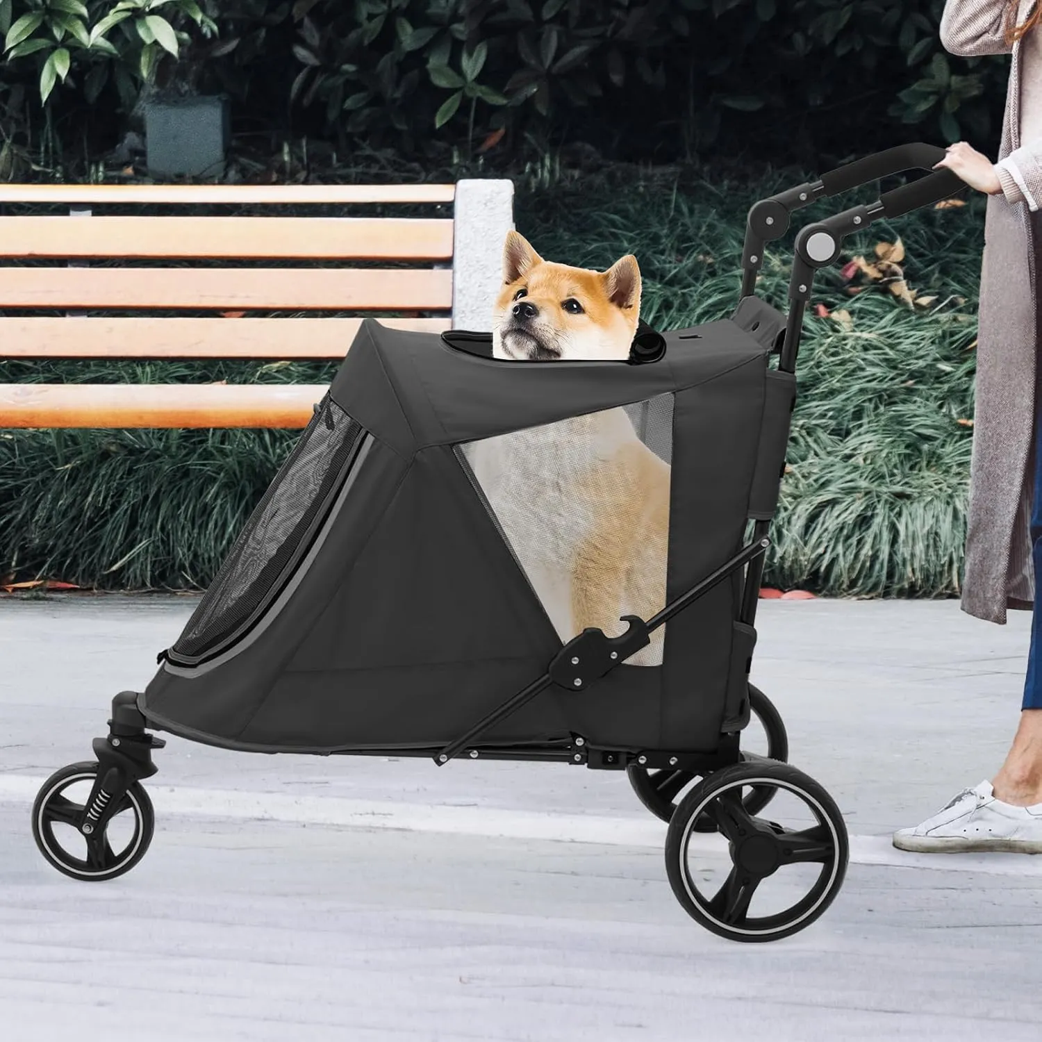 Athena Collection 3 Wheels Pet Stroller Fabric Dog Cart Dog Stroller for Large Dogs 55 Lbs Pet Stroller with Mesh Windows, Zipper Back Pocket, Safety Tether, Angle Adjustable Handlebar, Black