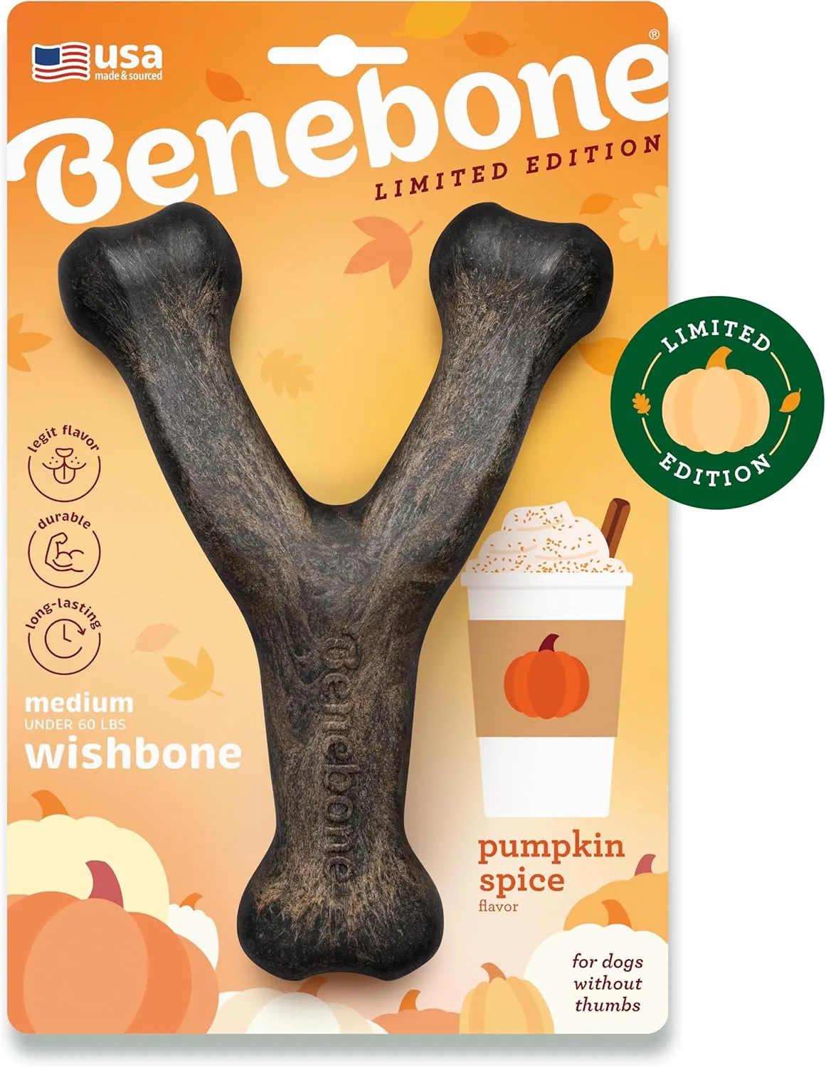 Benebone Pumpkin Spice Wishbone  Limited Edition Flavor, Durable Dog Chew Toy for Aggressive Chewers, Made in USA, Medium
