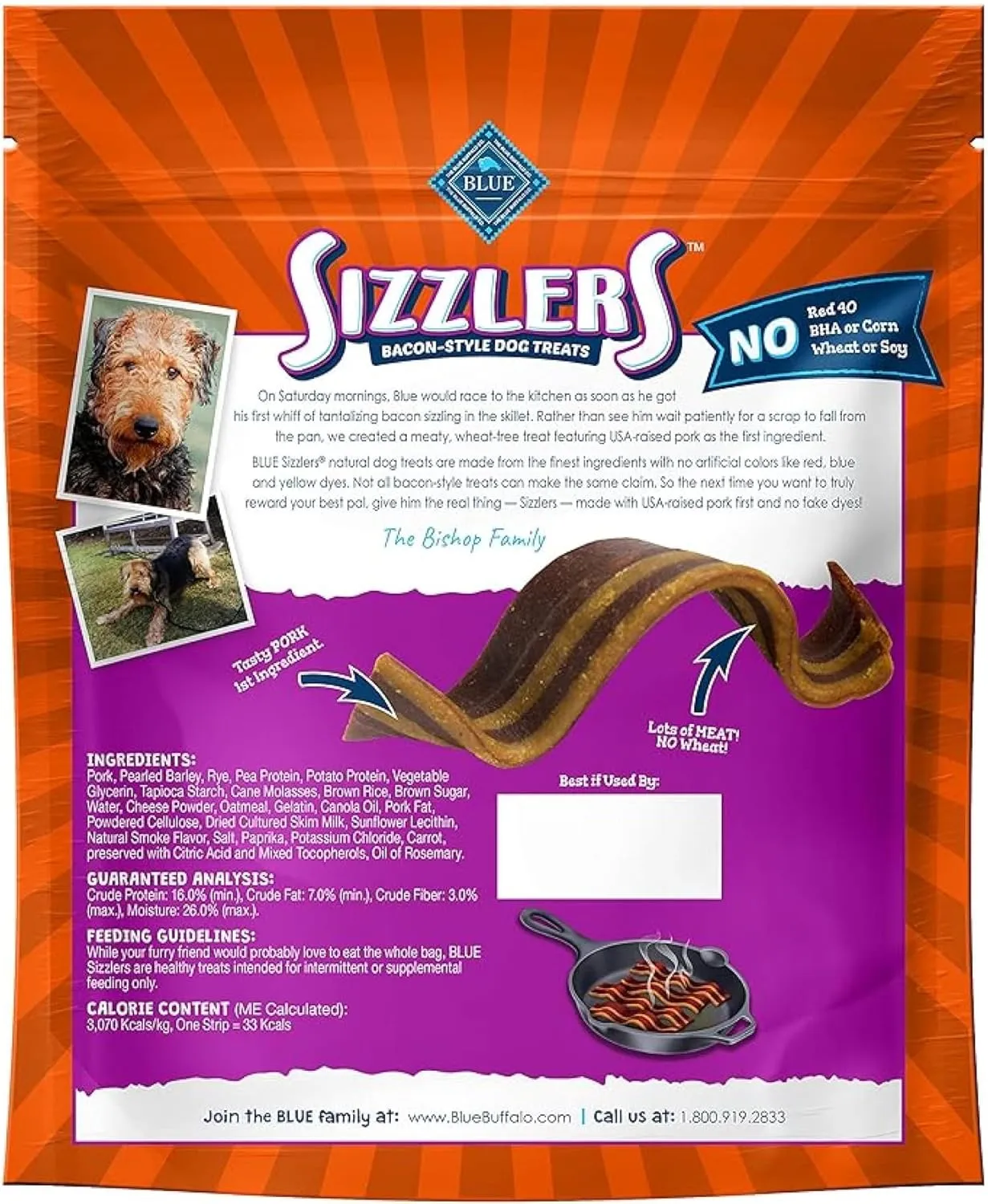 Blue Buffalo Sizzlers Natural Soft Dog Treats, Bacon-Style Soft-Moist Dog Treats with Real USA Pork, Original Flavor, 6-oz Bag