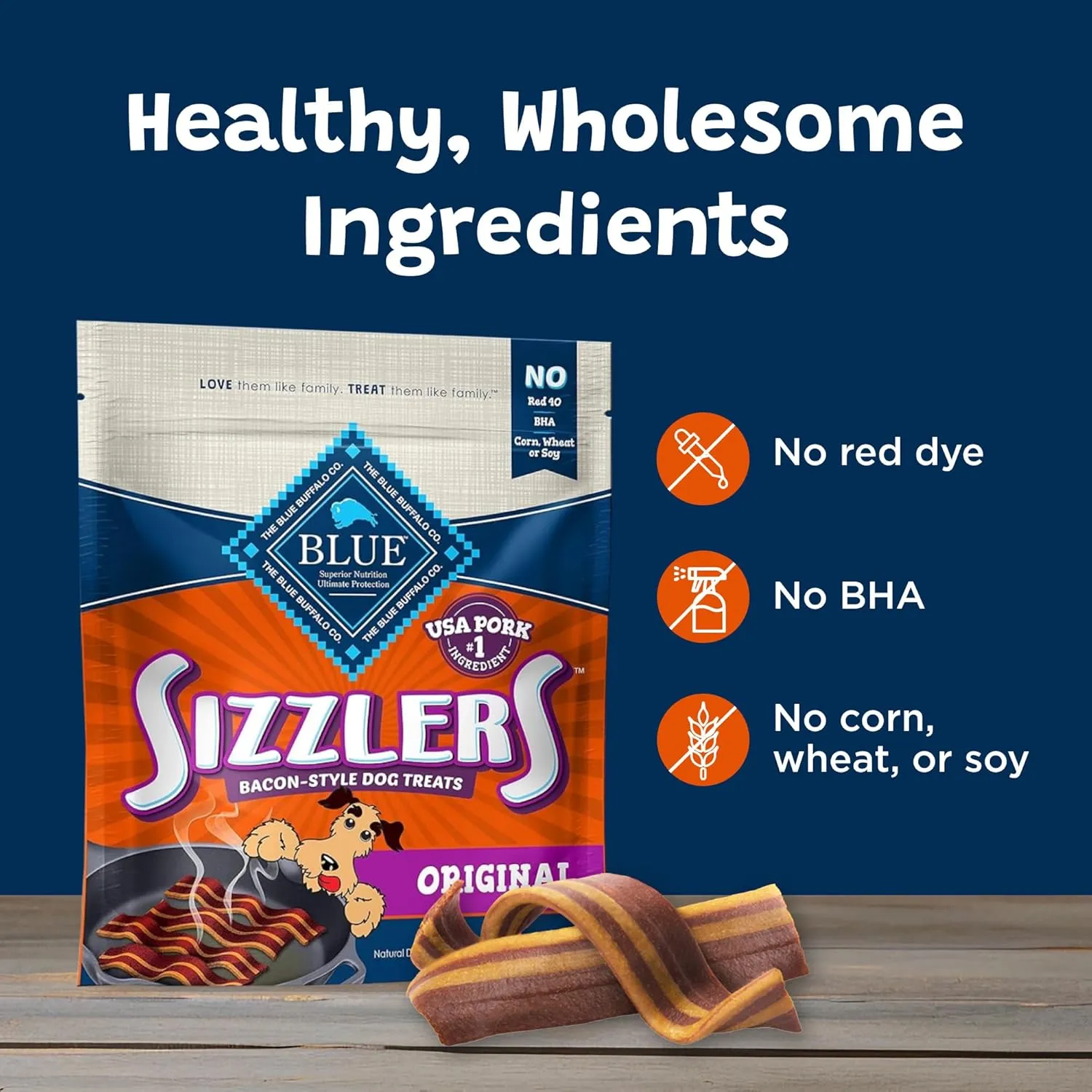 Blue Buffalo Sizzlers Natural Soft Dog Treats, Bacon-Style Soft-Moist Dog Treats with Real USA Pork, Original Flavor, 6-oz Bag
