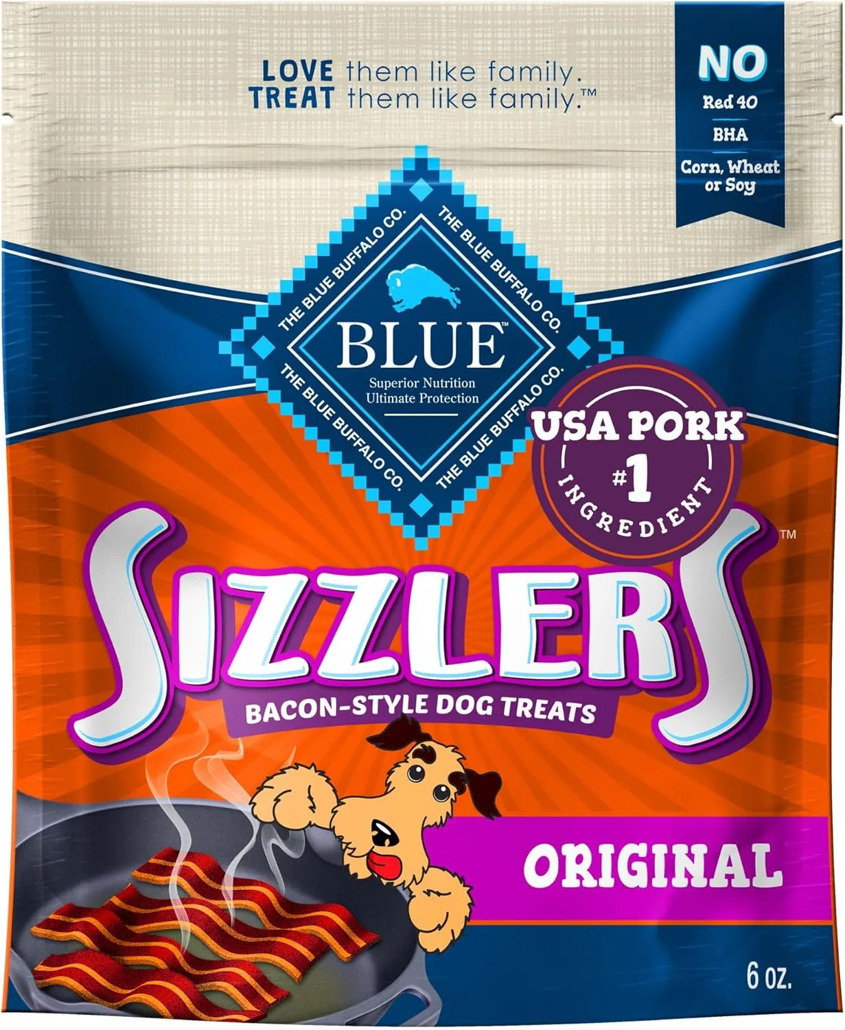 Blue Buffalo Sizzlers Natural Soft Dog Treats, Bacon-Style Soft-Moist Dog Treats with Real USA Pork, Original Flavor, 6-oz Bag