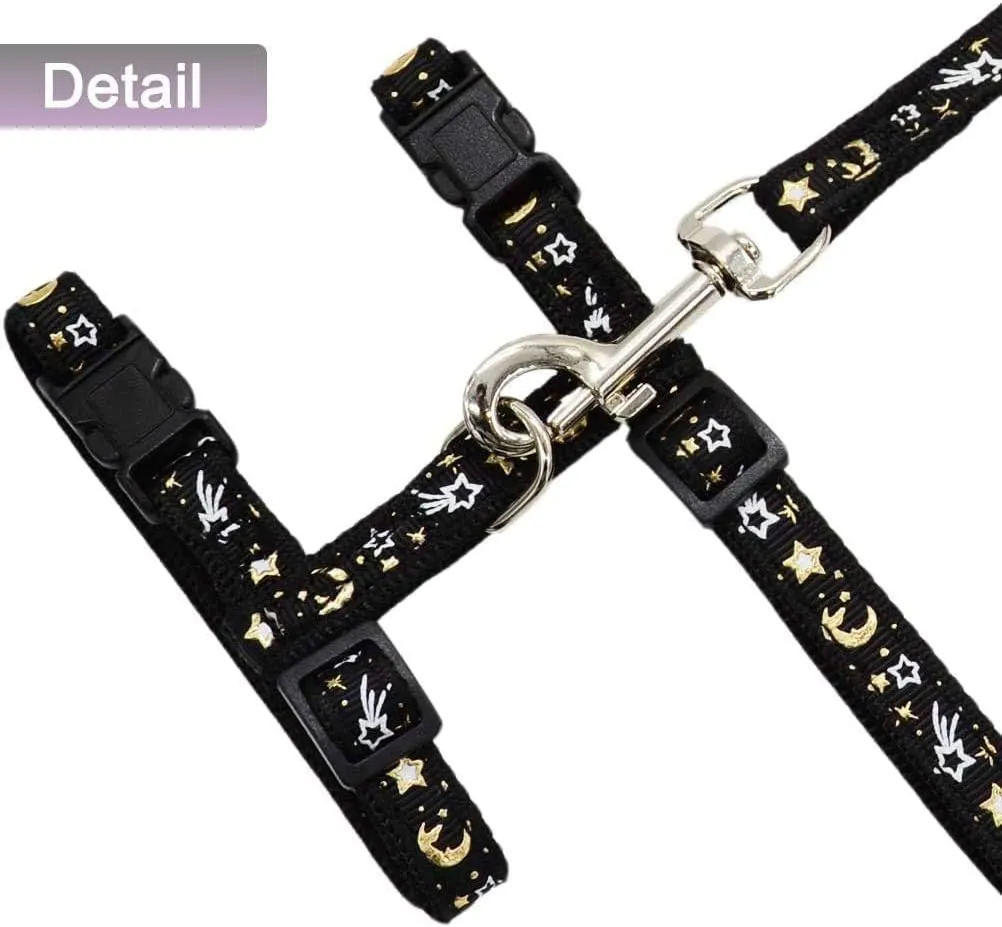 Cat Harness and Leash Set for Outdoor Walking Escape Proof Adjustable Soft Safety Strap with Golden Star and Moon Design Glow in The Dark Black