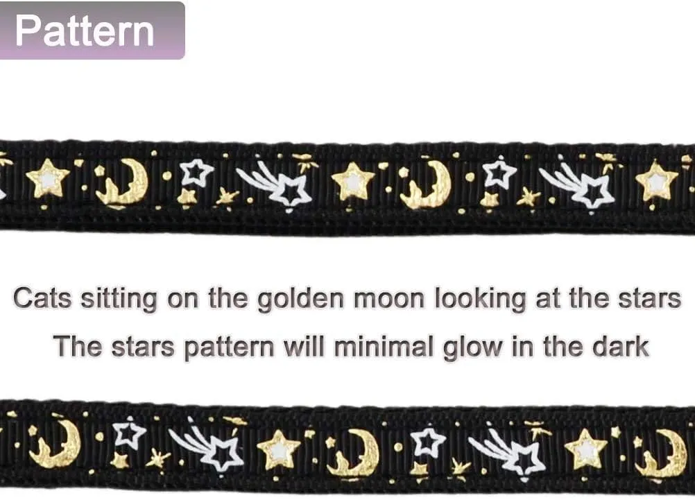 Cat Harness and Leash Set for Outdoor Walking Escape Proof Adjustable Soft Safety Strap with Golden Star and Moon Design Glow in The Dark Black