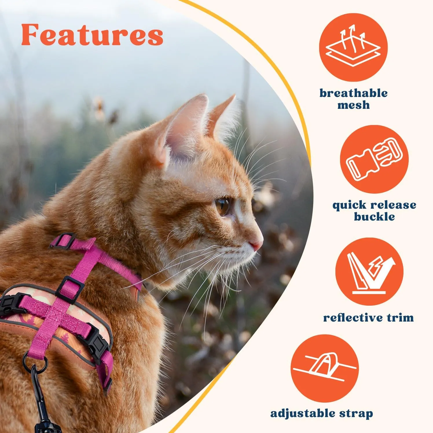Cat Harness and Leash Set for Walking, Escape Proof Vest Harnesses for Cats, Breathable Mesh with Reflective Strips - (Sienna Mountains), Small