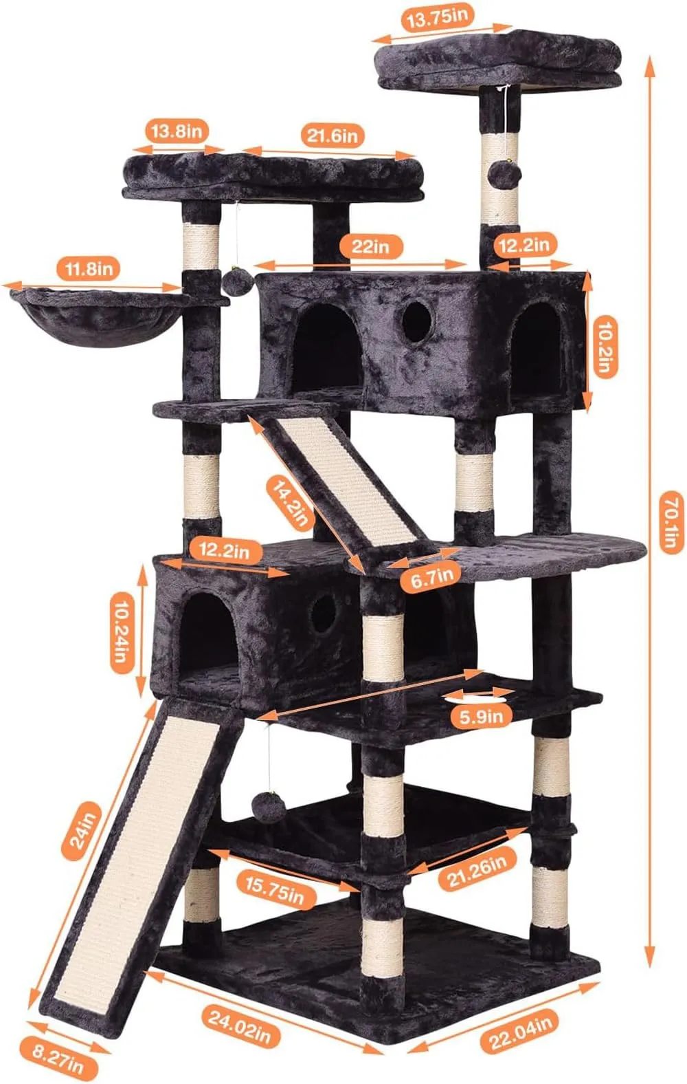 Cat Tree Cat Tower 70.1 in, Multi Level Cat Scratching Post with Condos, Ladders, Basket, Hammock