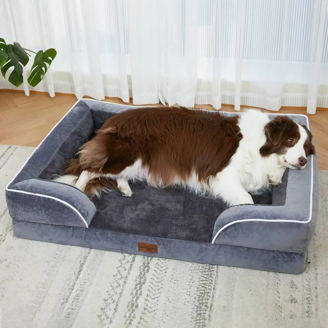 Comfort Expression XL Dog Bed with Bolster, Waterproof Orthopedic Foam Dog Beds for Extra Large Dogs, Washable Dogs Sofa Pet Bed with Removable Cover & Non-Slip Bottom(X-Large,Dark Grey)