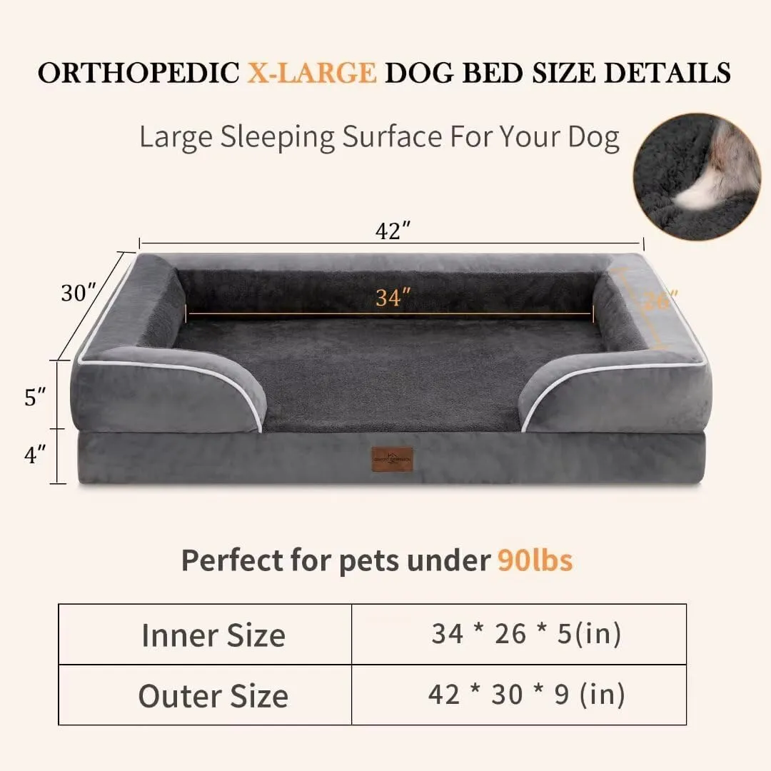 Comfort Expression XL Dog Bed with Bolster, Waterproof Orthopedic Foam Dog Beds for Extra Large Dogs, Washable Dogs Sofa Pet Bed with Removable Cover & Non-Slip Bottom(X-Large,Dark Grey)