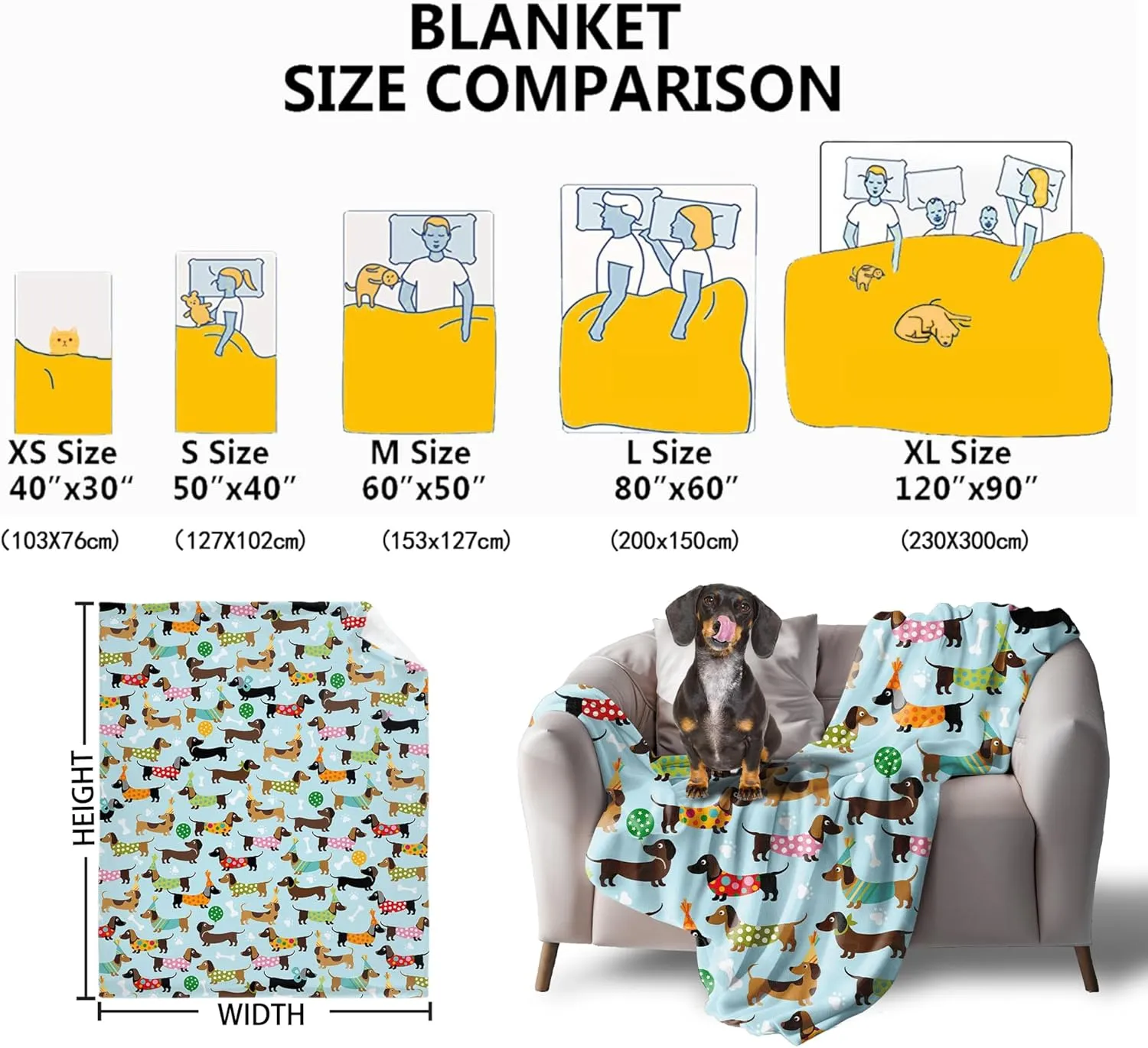 Dachshund Fleece Flannel Blanket - Cute Wiener Dog Throw for Girls, Boys & Puppy Lovers - 40"x30" for Baby, Toddler/Pets