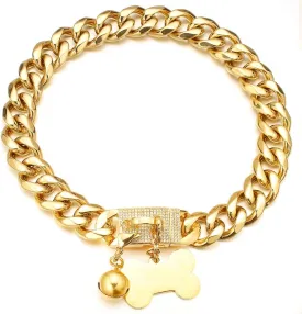 Dog Chain Collars 18K Gold Plated Stainless Steel Metal Chain 15mm/19mm with CZ Diamond Design Buckle Bling Dog Collar with ID Tag Dog Bell Waterproof Chewy for Dog Walking Training (19mm,16'')