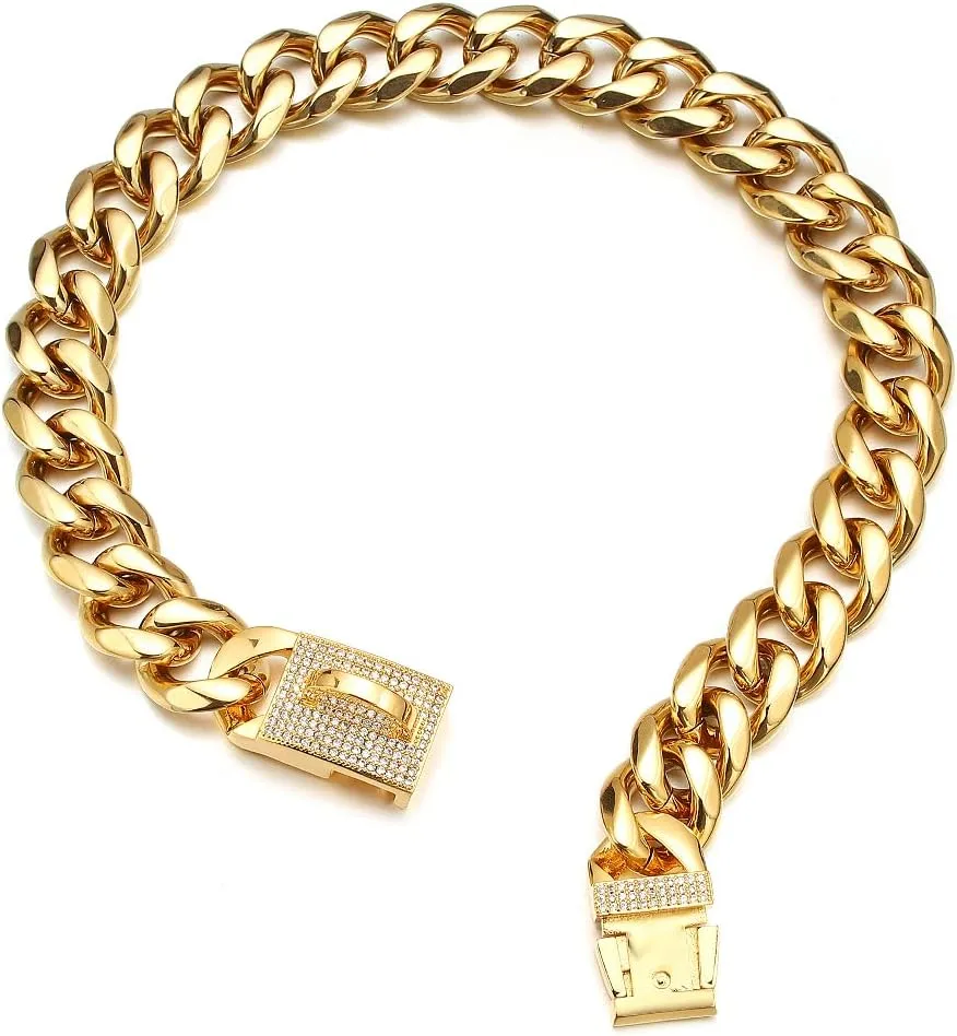 Dog Chain Collars 18K Gold Plated Stainless Steel Metal Chain 15mm/19mm with CZ Diamond Design Buckle Bling Dog Collar with ID Tag Dog Bell Waterproof Chewy for Dog Walking Training (19mm,16'')