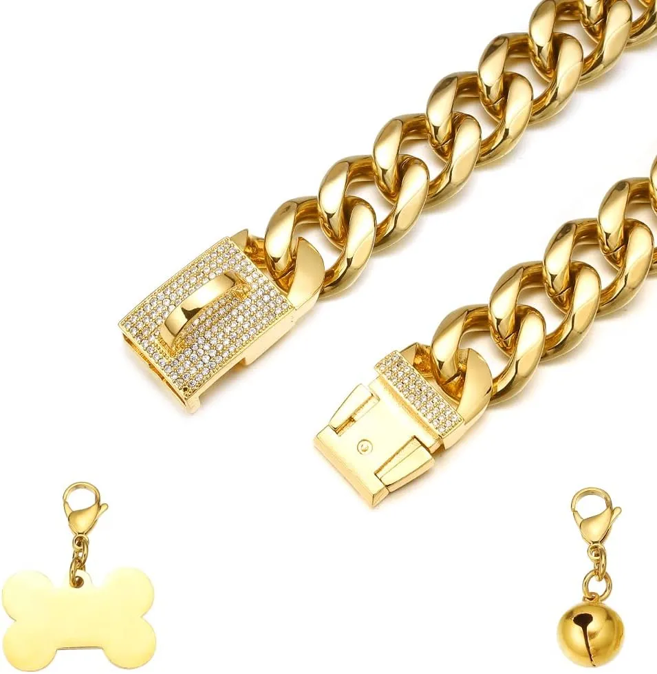 Dog Chain Collars 18K Gold Plated Stainless Steel Metal Chain 15mm/19mm with CZ Diamond Design Buckle Bling Dog Collar with ID Tag Dog Bell Waterproof Chewy for Dog Walking Training (19mm,16'')