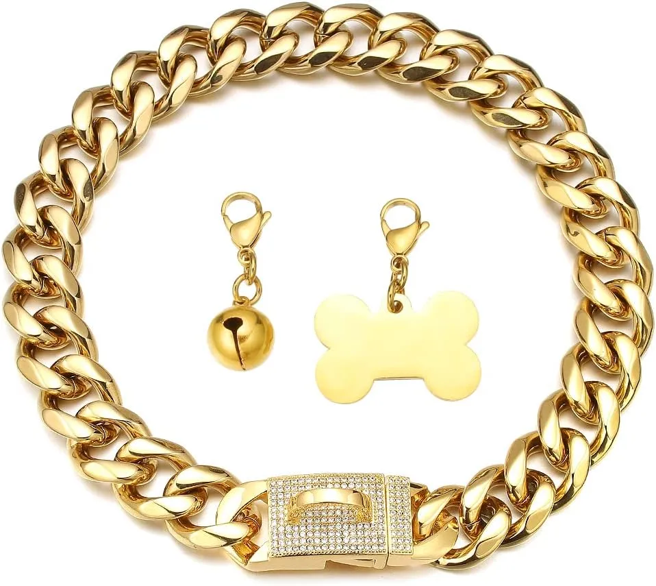 Dog Chain Collars 18K Gold Plated Stainless Steel Metal Chain 15mm/19mm with CZ Diamond Design Buckle Bling Dog Collar with ID Tag Dog Bell Waterproof Chewy for Dog Walking Training (19mm,16'')