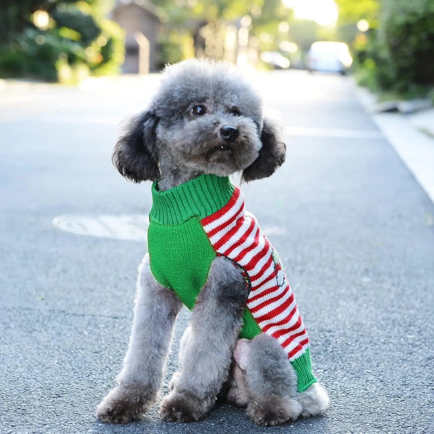Dog Christmas Sweater Holiday Clothes for Dogs Girl Boy Fall Winter Knitted Soft Warm Puppy Clothing Cute Bear Striped Pet Outfit Ugly Xmas Sweater for Small Medium Dogs Cats(L,Green Red)