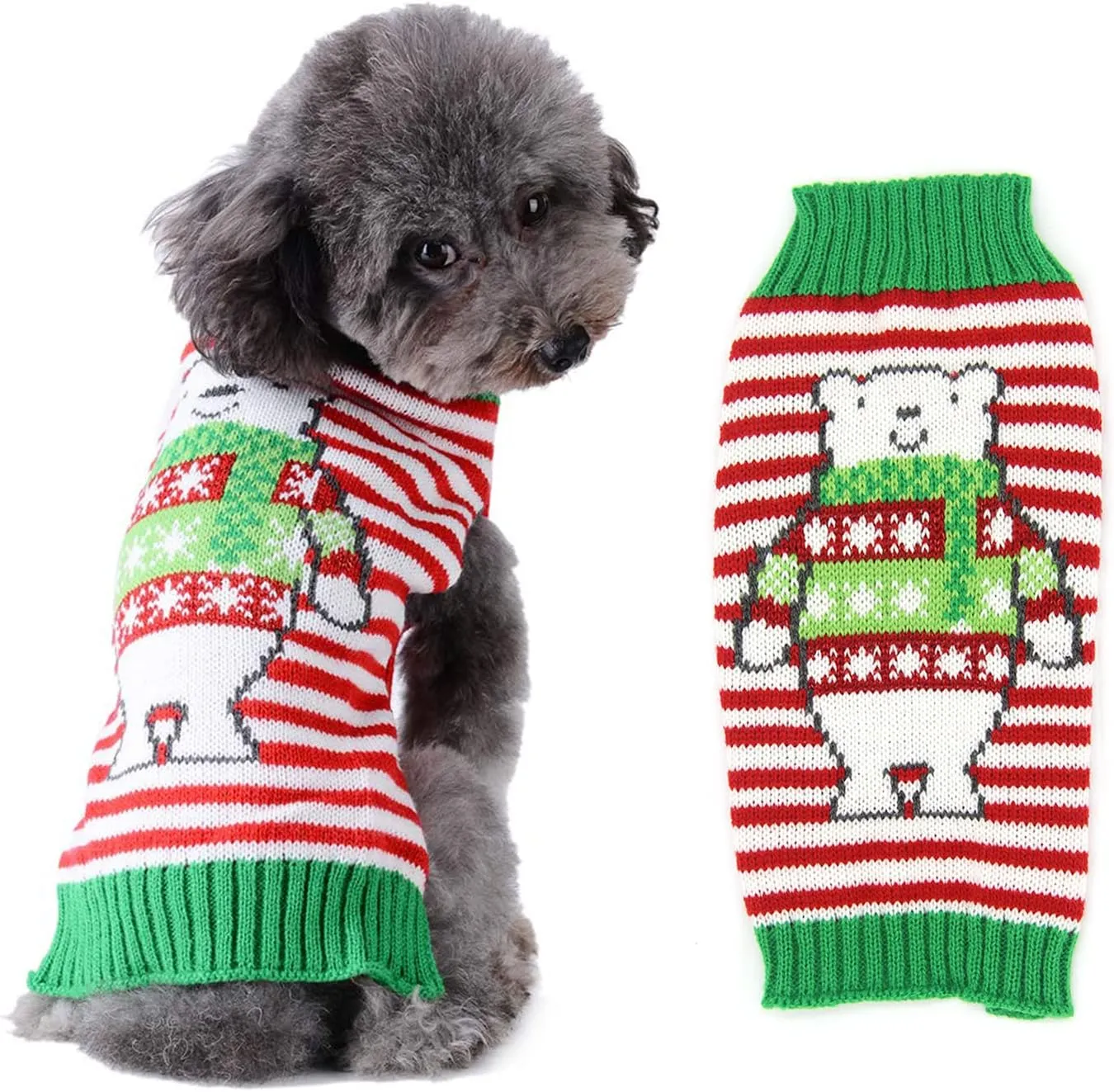 Dog Christmas Sweater Holiday Clothes for Dogs Girl Boy Fall Winter Knitted Soft Warm Puppy Clothing Cute Bear Striped Pet Outfit Ugly Xmas Sweater for Small Medium Dogs Cats(L,Green Red)