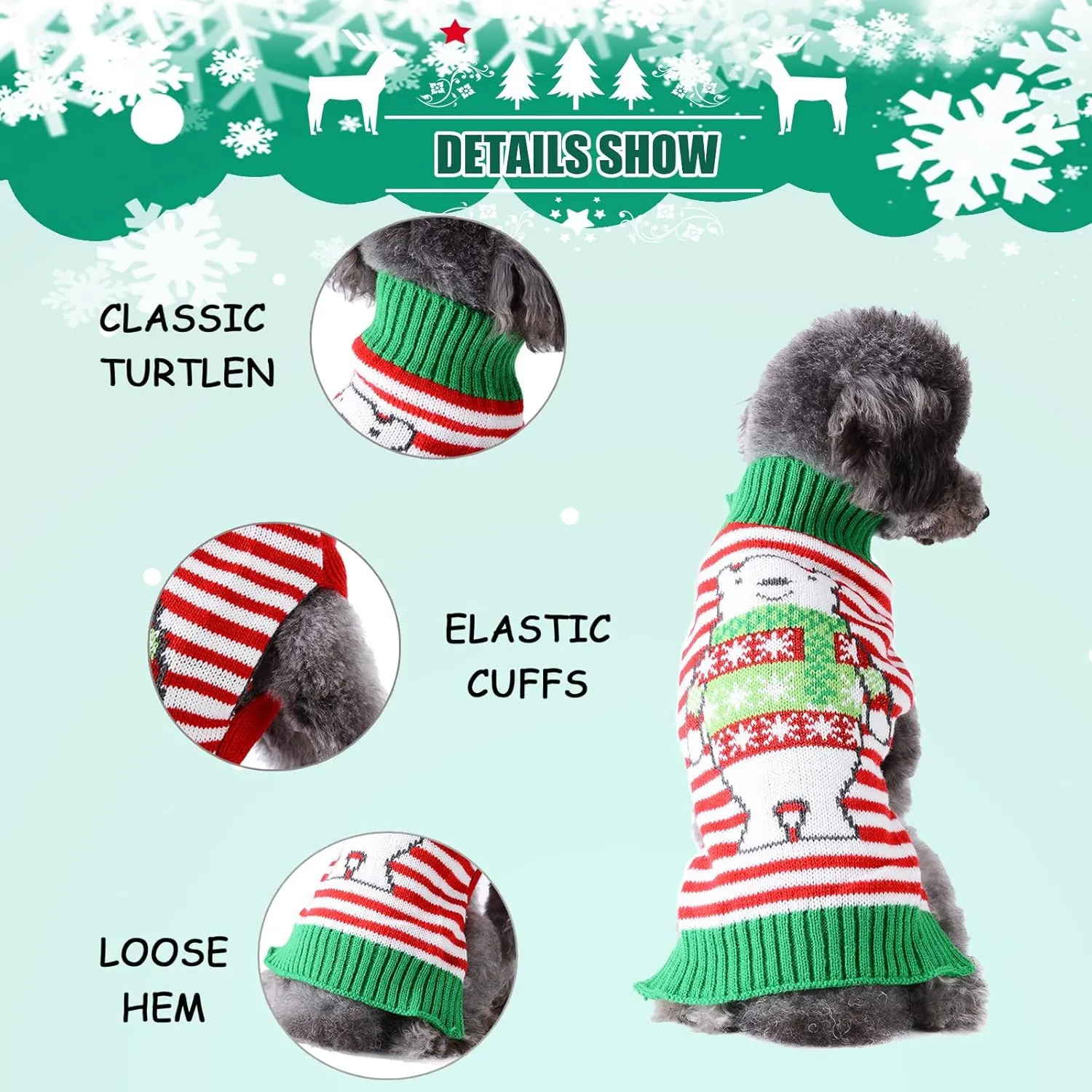 Dog Christmas Sweater Holiday Clothes for Dogs Girl Boy Fall Winter Knitted Soft Warm Puppy Clothing Cute Bear Striped Pet Outfit Ugly Xmas Sweater for Small Medium Dogs Cats(L,Green Red)