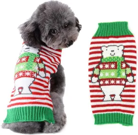 Dog Christmas Sweater Holiday Clothes for Dogs Girl Boy Fall Winter Knitted Soft Warm Puppy Clothing Cute Bear Striped Pet Outfit Ugly Xmas Sweater for Small Medium Dogs Cats(L,Green Red)