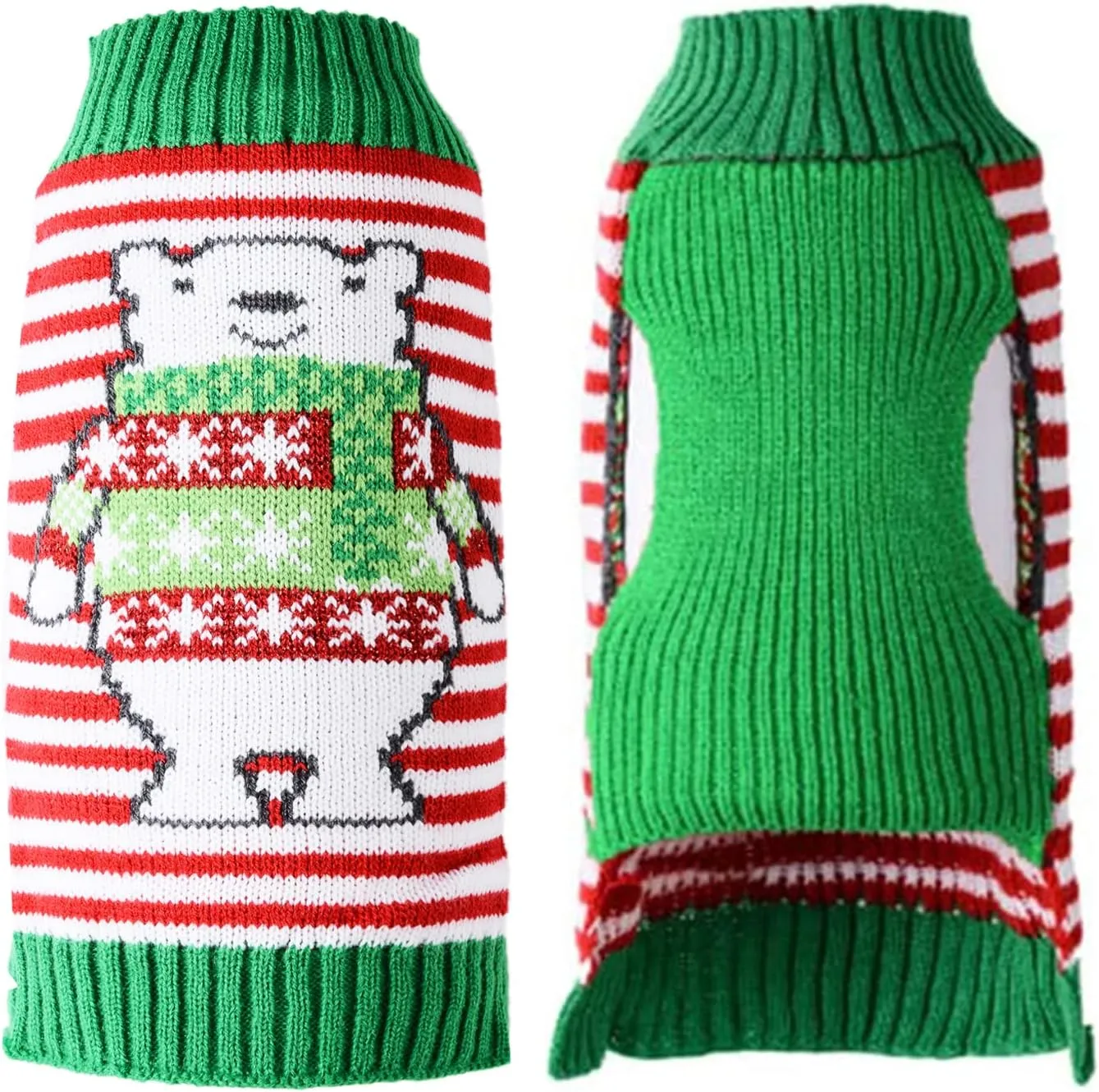 Dog Christmas Sweater Holiday Clothes for Dogs Girl Boy Fall Winter Knitted Soft Warm Puppy Clothing Cute Bear Striped Pet Outfit Ugly Xmas Sweater for Small Medium Dogs Cats(L,Green Red)