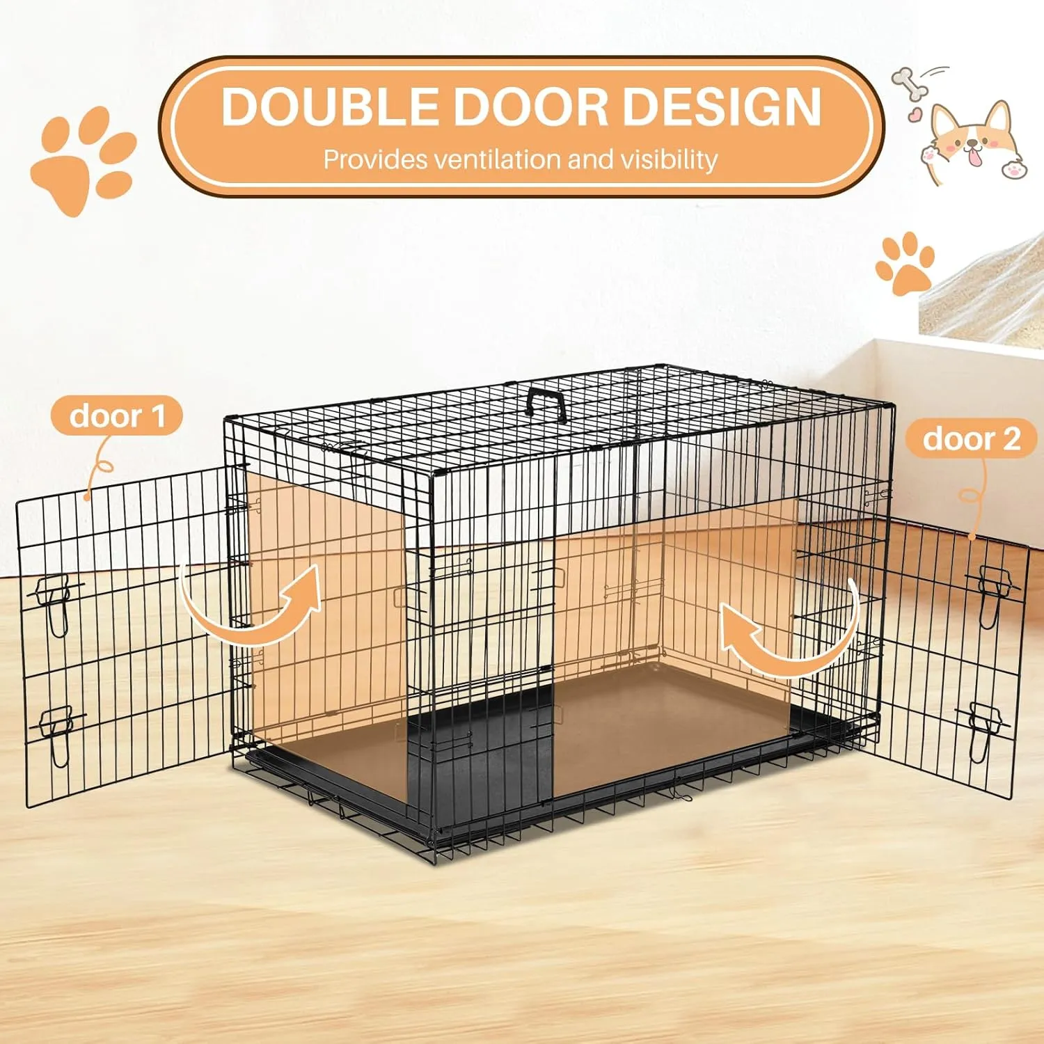 Dog Crate, 24 Inch Small Dog Kennel, Portable Dog Cage with Divider Panel, Foldable Metal Travel Dog Crate, Wire Dog Kennel with Double Door, Leak-Proof Pan Tray for Indoor Outdoor Use