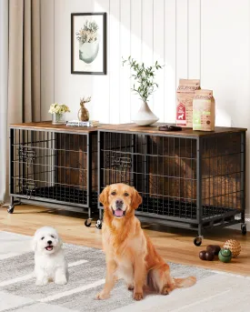 Dog Crate Furniture, Furniture Style Dog Crate with Removable Tray and Wheels, Heavy-Duty Double-Doors Dog Cage End Table, 32.5" Wooden Dog Kennel, Brown