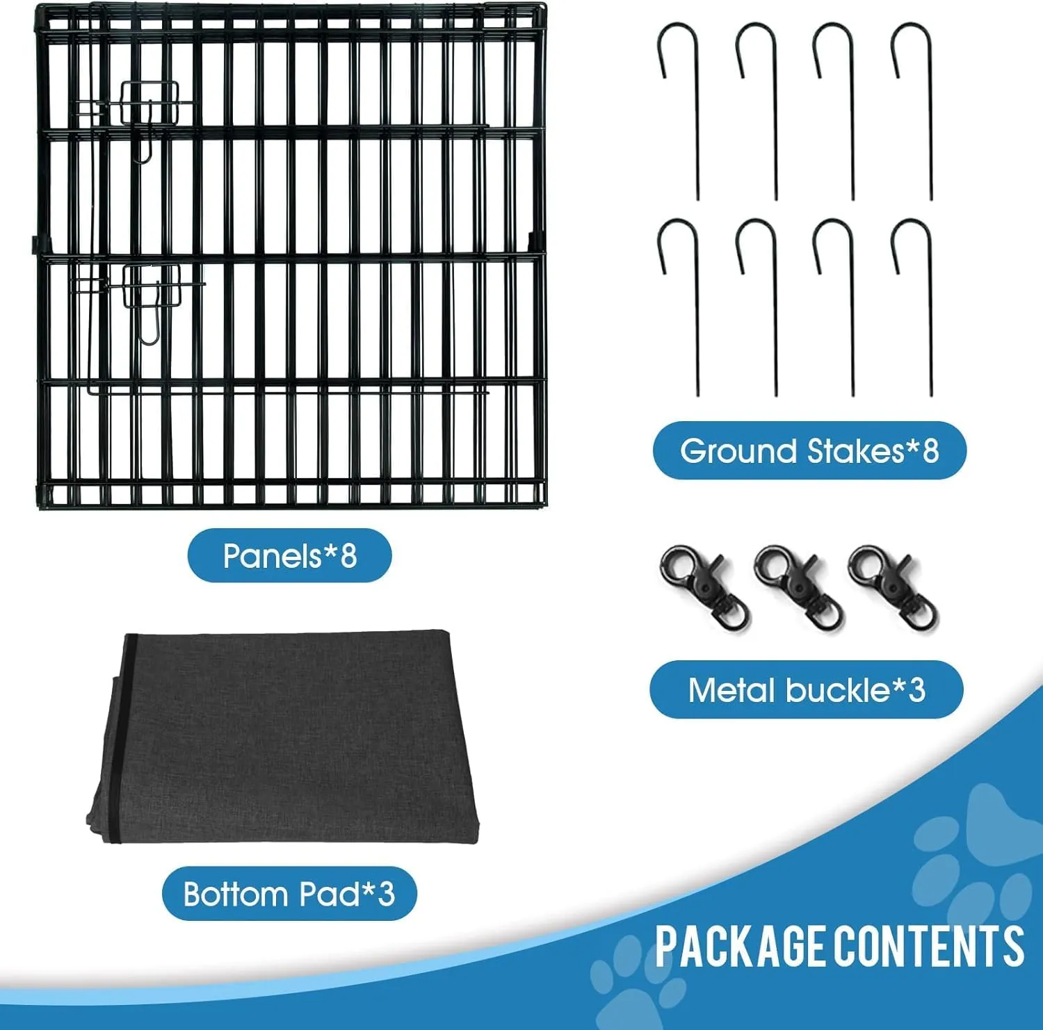 Dog Pen Pet Playpen Dog Fence Indoor Foldable Metal Wire Exercise Puppy Play Yard Pet Enclosure Indoor Outdoor 8 Panels 24 Inch with Bottom Pad (Bottom Cover Fence with Printing)