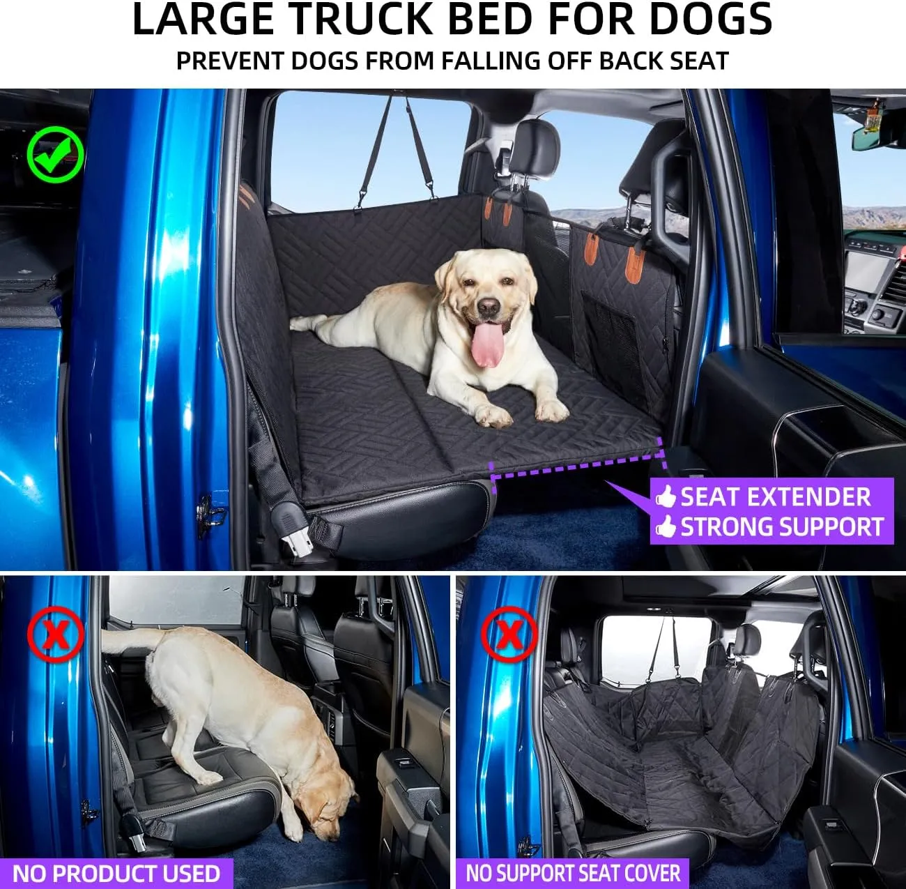 Dog Seat Cover and Bed for Trucks - Back Seat Extender and Hammock for F150, RAM1500, Silverado - Non-Inflatable Pet Mattress (Black)