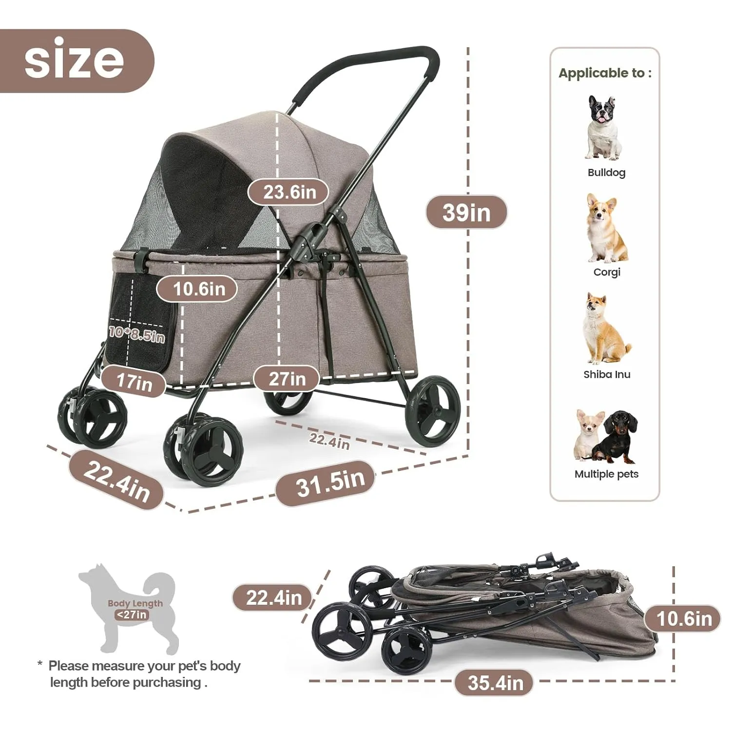 Dog Travel Stroller with 4 Heavy Duty Wheels, Foldable Pet Stroller with Adjustable Handle - Double Doggie Capacity Jogger Wagon with Back Front Door for Small Medium Dogs (Coffee)