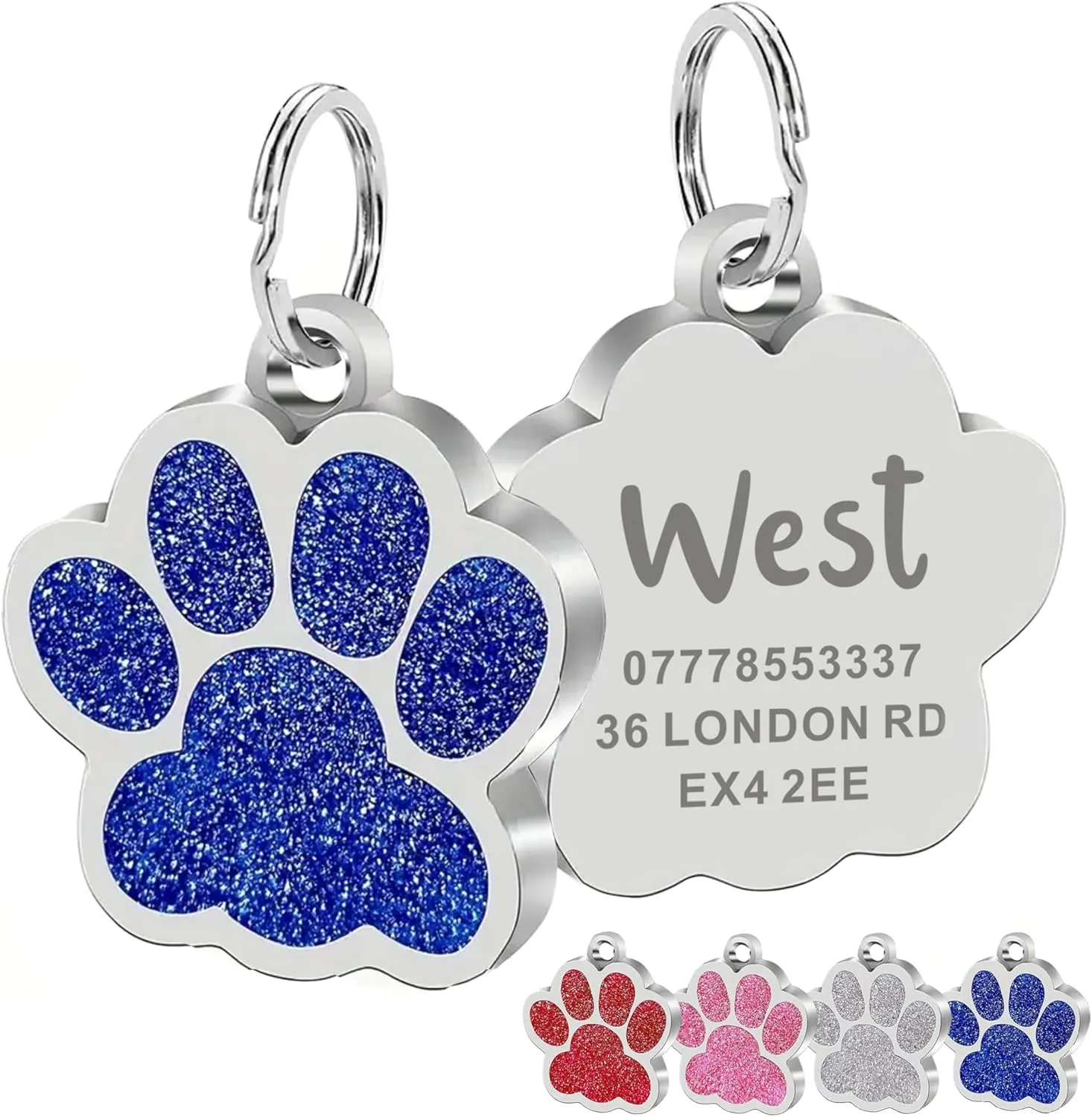 EDSG Personalized Dog Tag - Paw Print Stainless Steel Pet ID for Dogs Cats - Glitter Bling Name Tag for Puppy (Blue, 2.5cm*2.5cm)