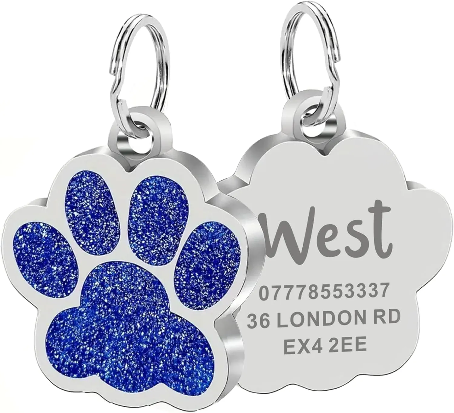 EDSG Personalized Dog Tag - Paw Print Stainless Steel Pet ID for Dogs Cats - Glitter Bling Name Tag for Puppy (Blue, 2.5cm*2.5cm)