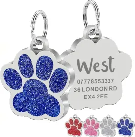 EDSG Personalized Dog Tag - Paw Print Stainless Steel Pet ID for Dogs Cats - Glitter Bling Name Tag for Puppy (Blue, 2.5cm*2.5cm)