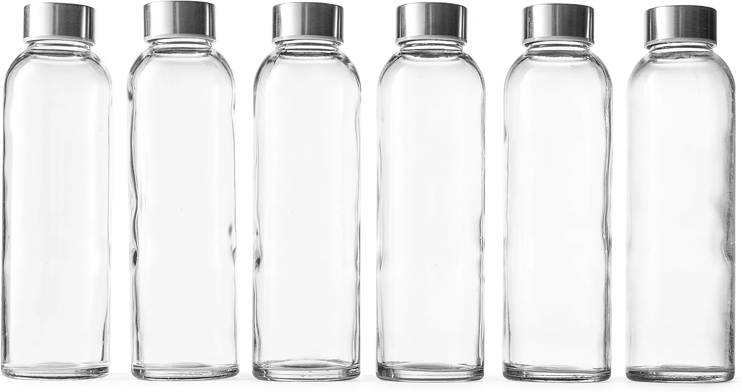 Epica glass bottles with lids  18oz glass water bottles, reusable juice jar with lids for storing juices, reusable water bottle durable & ecofriendly set of 6