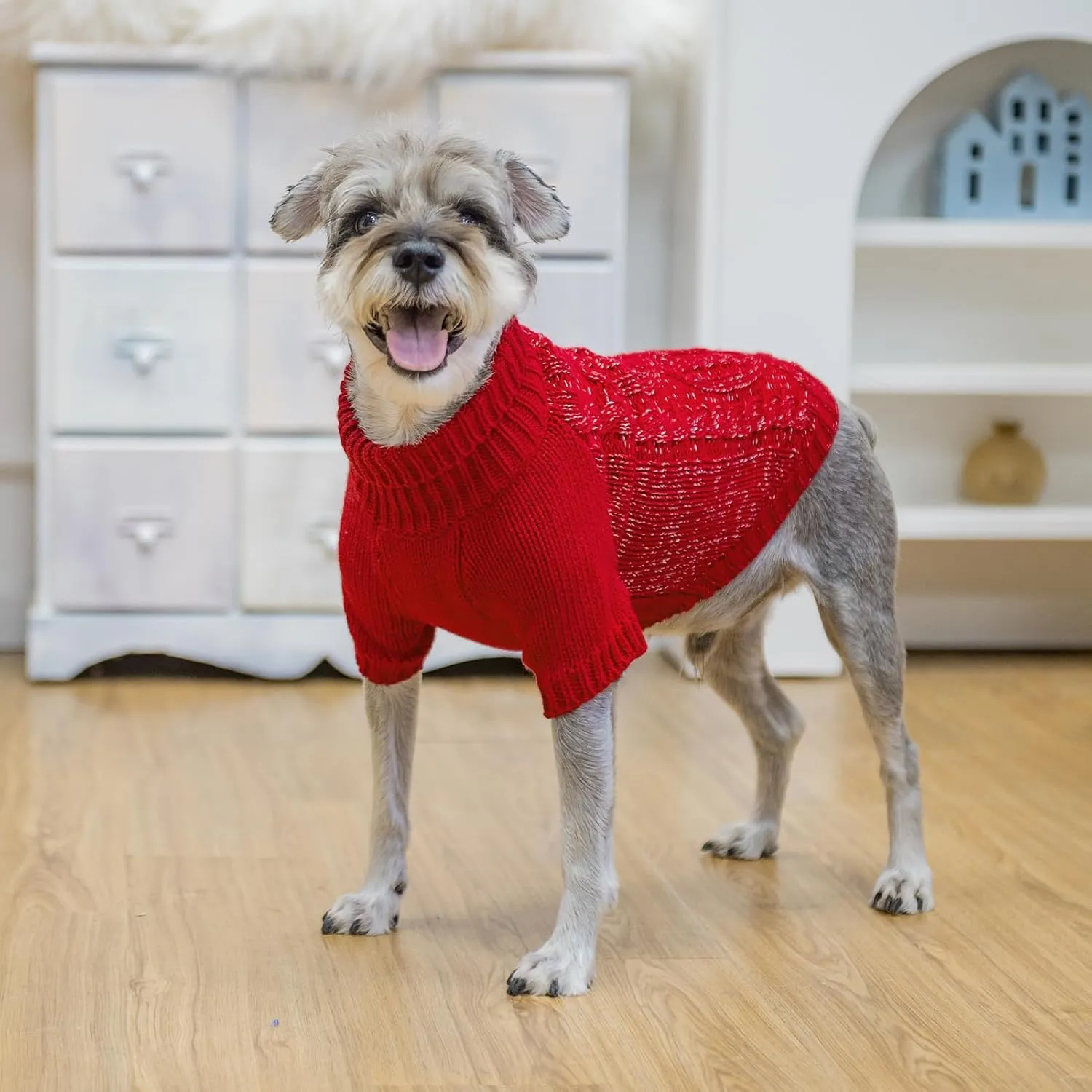 EXPAWLORER Thermal Knitted Dog Sweater for Small Medium Large Dogs, Turtleneck Cable Knit Dog Cold Weather Clothes Sweatshirt Outfits for Winter, Pullover Pet Jumper for Puppy Cats, Red XS