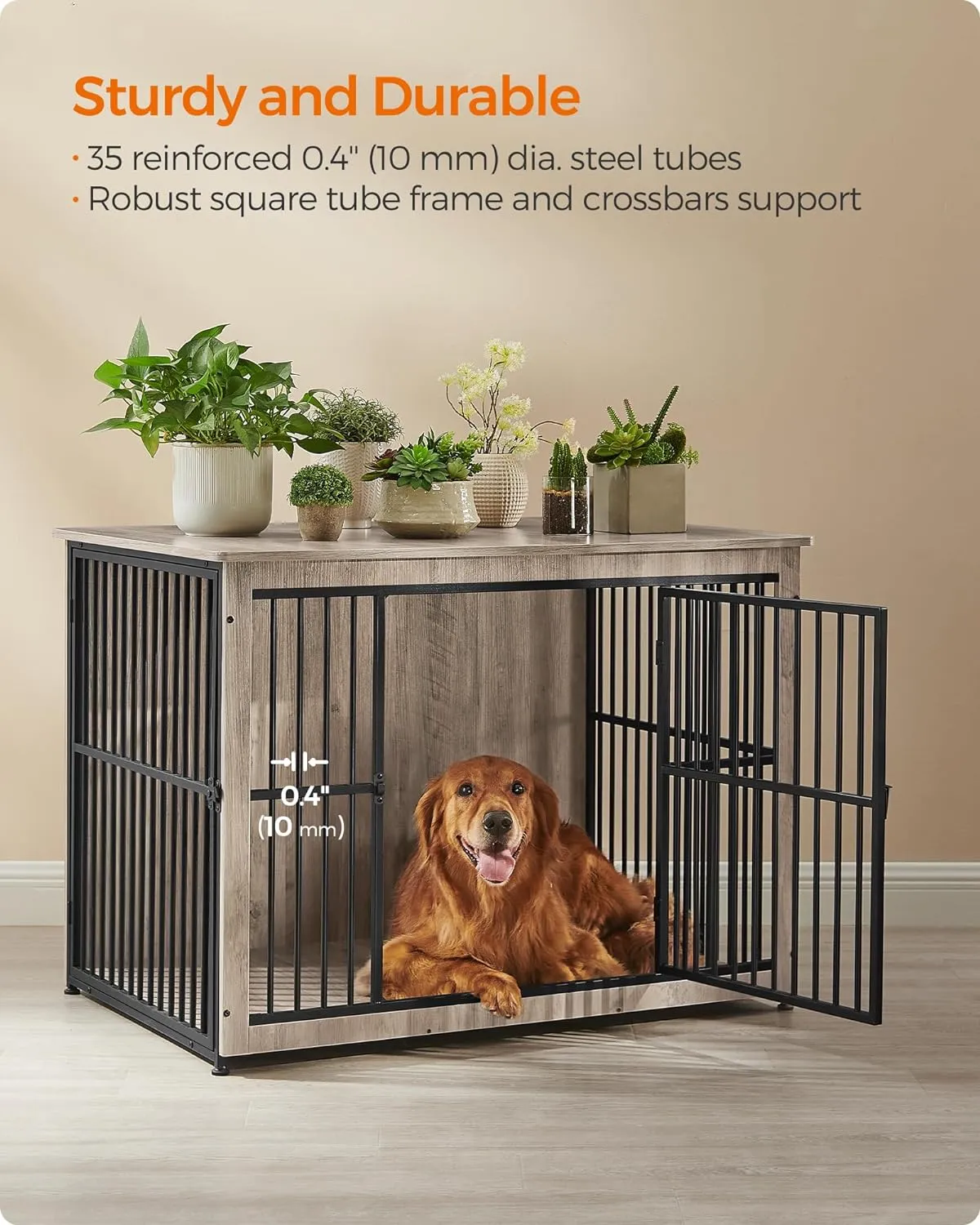 Feandrea Dog Crate Furniture, 43.3" Side End Table, Modern Kennel for Dogs Indoor up to 80 lb, Heavy-Duty Dog Cage with Enclosed Base, Double-Door Dog House, Greige UPFC024G01