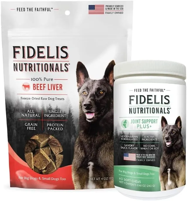 FIDELIS Freeze Dried Dog Treats for Large & Small Dogs, Gluten-Free (4 oz) Dog Joint Supplement for Large & Small Breeds (60 Soft Chews)