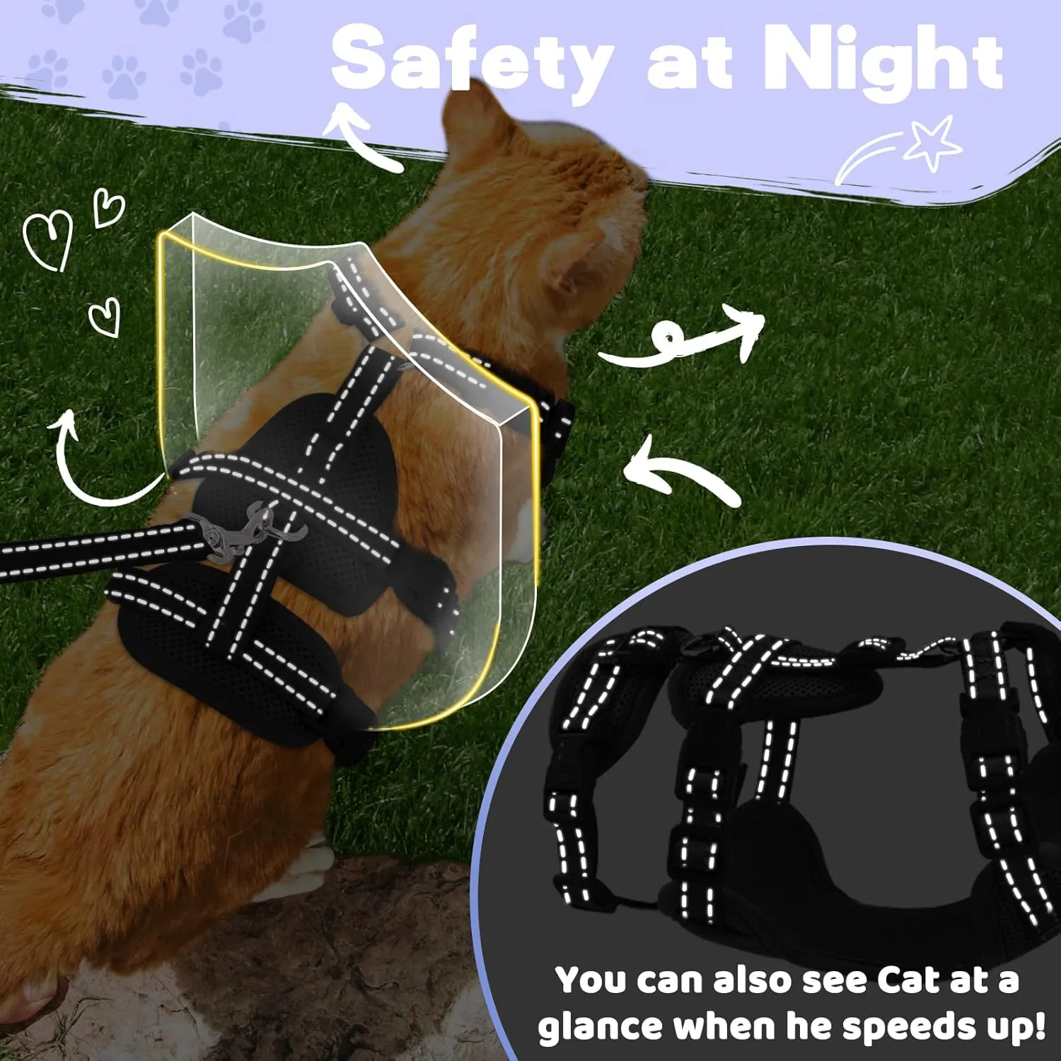 Fully Escape Proof Cat Harness and Leash Set for Walking, Adjustable Soft Kitten Vest with Reflective Strip for Small Medium Large Adult Cats, Breathable Kitty Harness,Black S