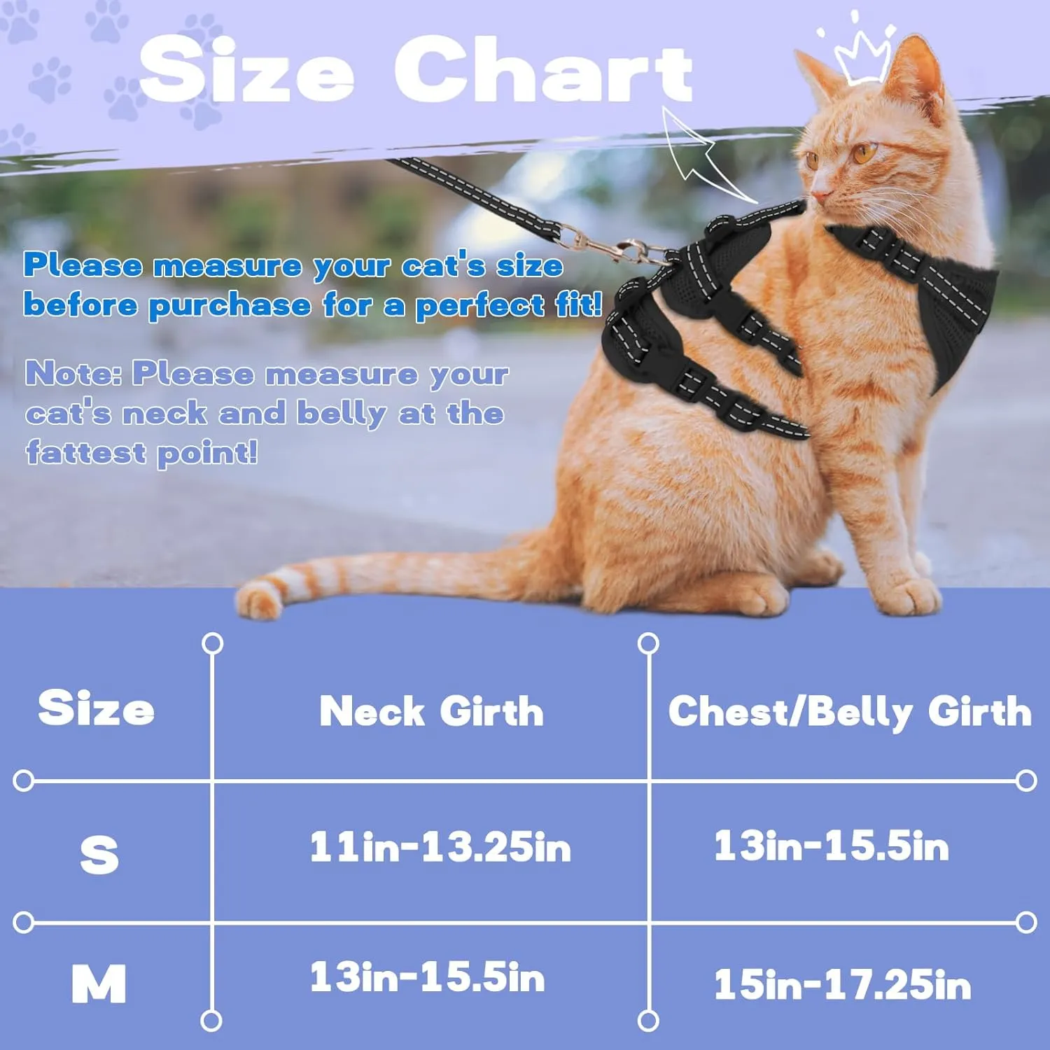 Fully Escape Proof Cat Harness and Leash Set for Walking, Adjustable Soft Kitten Vest with Reflective Strip for Small Medium Large Adult Cats, Breathable Kitty Harness,Black S