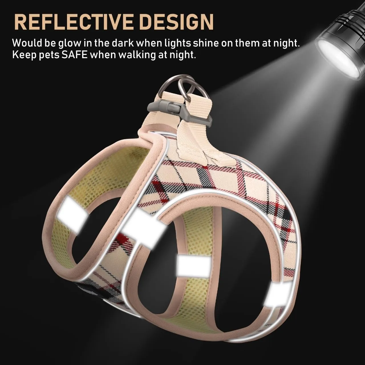 GAMUDA Small Dog Harness Collar and Leash Set, Step in No Chock No Pull Soft Mesh Adjustable Dog Vest Harnesses Plaid Reflective for Dogs Puppy Cats Kitten Rabbit (Beige, S)