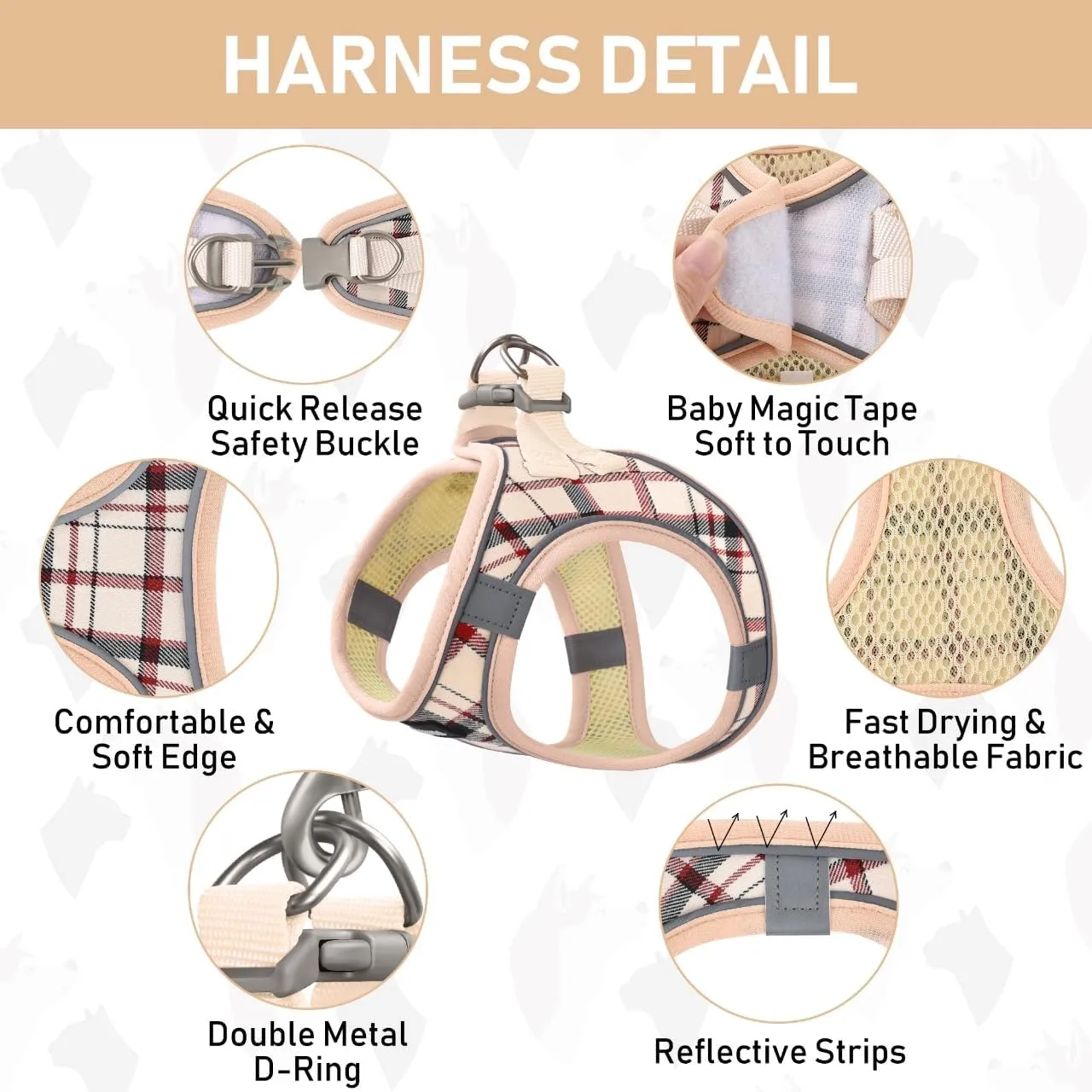 GAMUDA Small Dog Harness Collar and Leash Set, Step in No Chock No Pull Soft Mesh Adjustable Dog Vest Harnesses Plaid Reflective for Dogs Puppy Cats Kitten Rabbit (Beige, S)