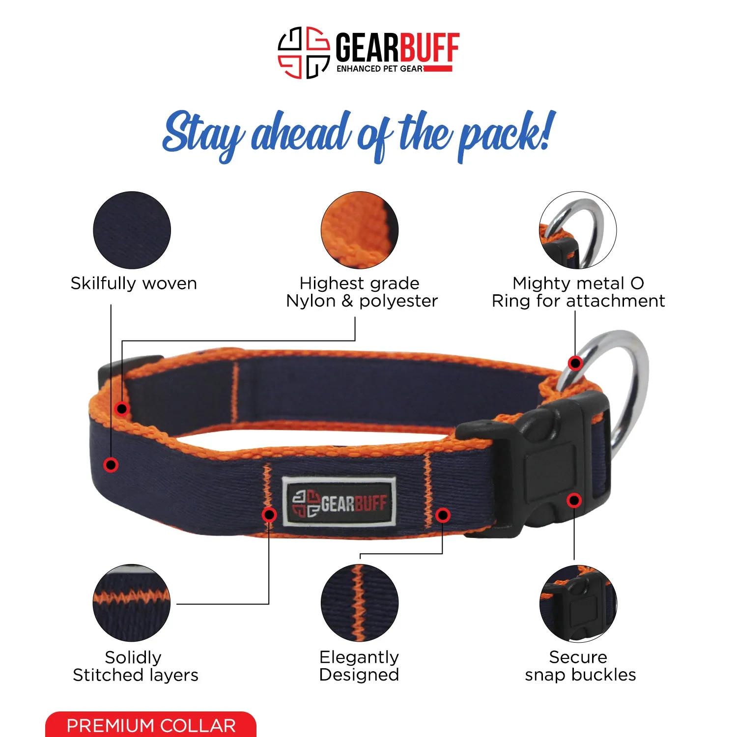 GEARBUFF Pet Walk Premium Collar for Dogs, Navy & Orange