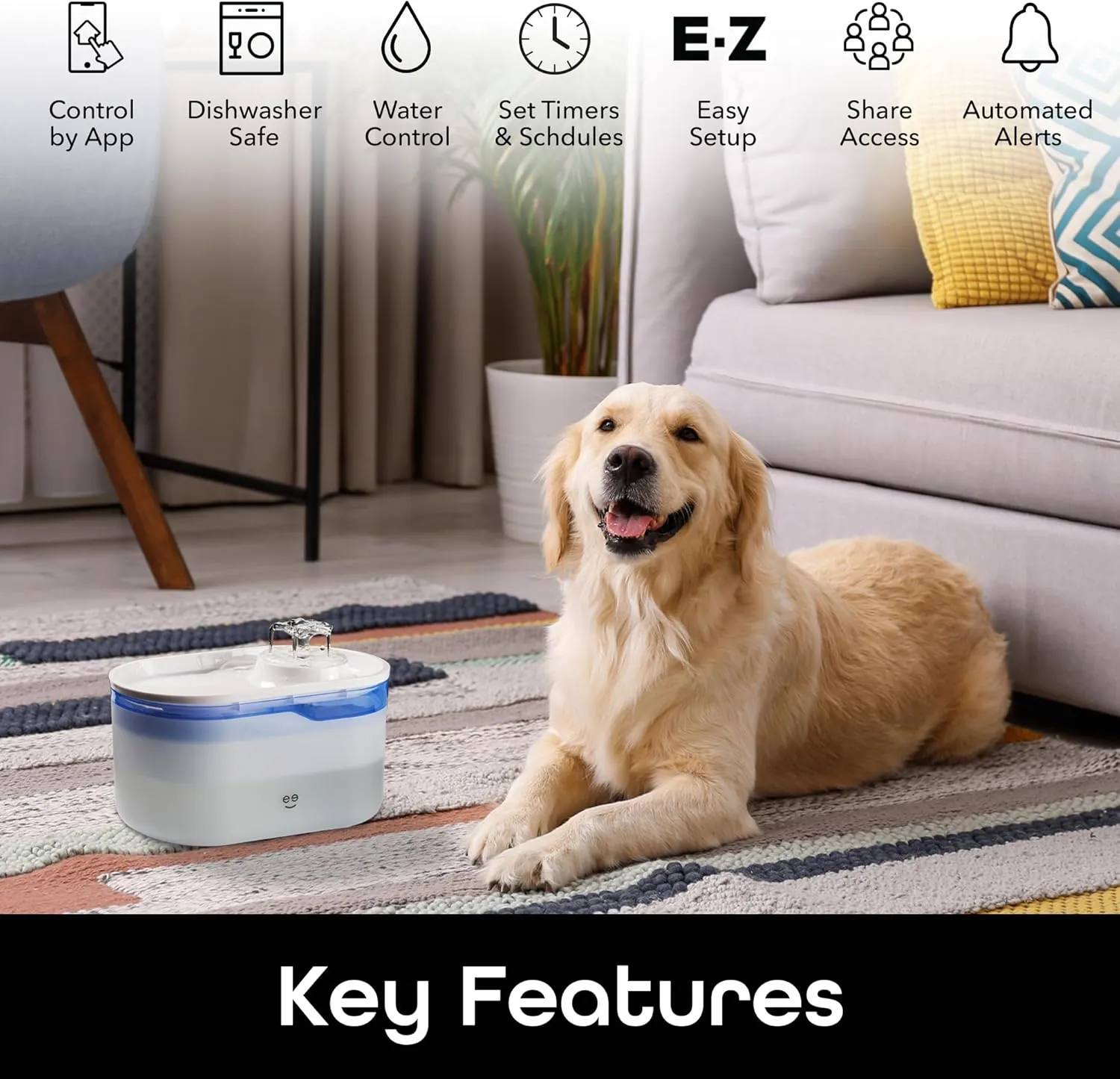 Geeni PetConnect 2.6L Smart Pet Water Fountain, Automatic Filtered Water Bowl for Cats and Dogs, Wi-Fi Controlled, Alexa & Google Home Compatible, Clean and Fill Alerts, White